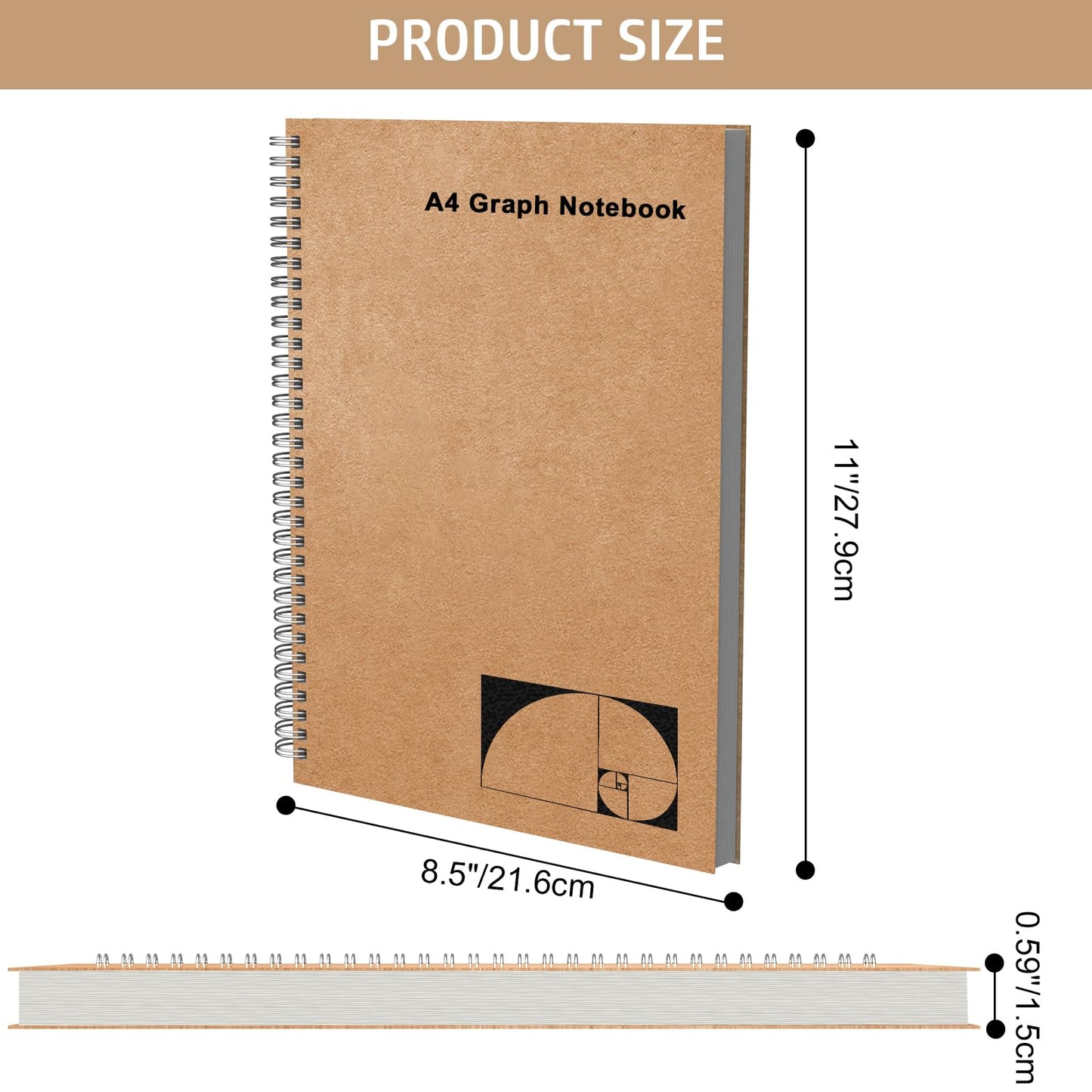 A4 Graph Paper Notebook, 2 Pack Large Spiral Grid Notebook, 200 Pages 100gsm Thick 5mm Square Paper Quad Notebook for Engineering, Math, Taking Notes, Drawing and More - Kraft Brown Cover, 8.5" x 11"