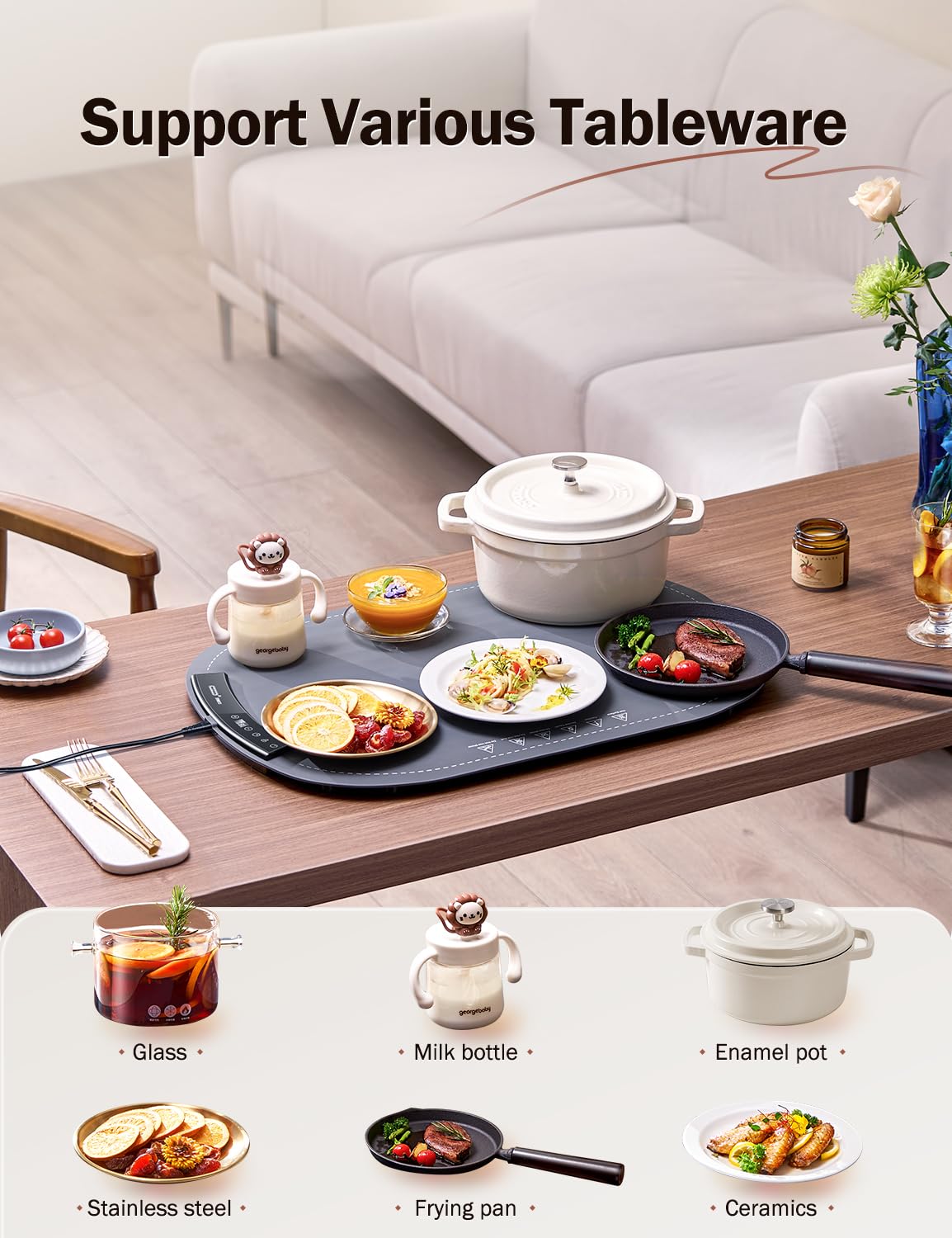 SINOPUREN Electric Food Warming Mat - Fast Heating Silicone Warming Tray, Portable & Roll-Up Design, Waterproof, Perfect for Parties, Buffets, Home & Travel (7 Temp Levels)