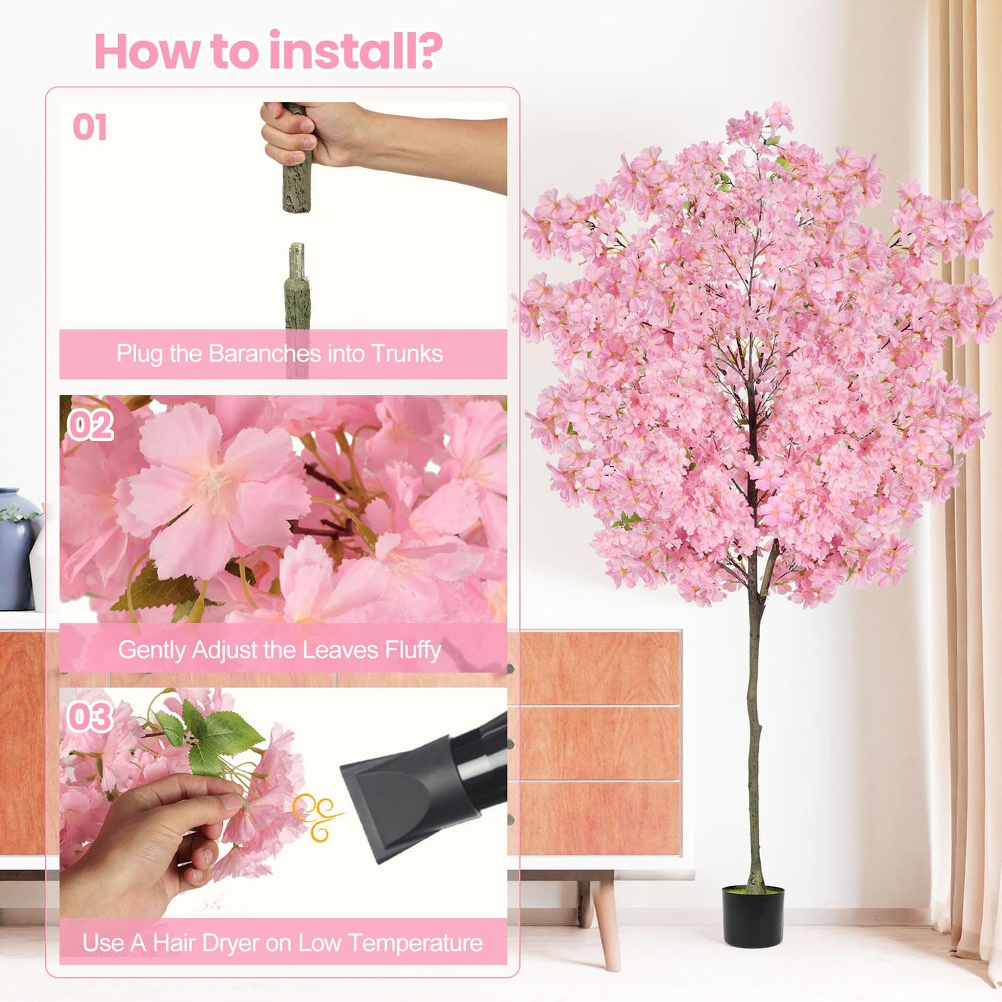 6Ft Tall Cherry Blossom Artificial Tree,Fake Pink Cherry Blossom Tree,Lifelike Decorative Plant in Pot for Indoor/Outdoor, Christmas, Garden,Home Office Dec
