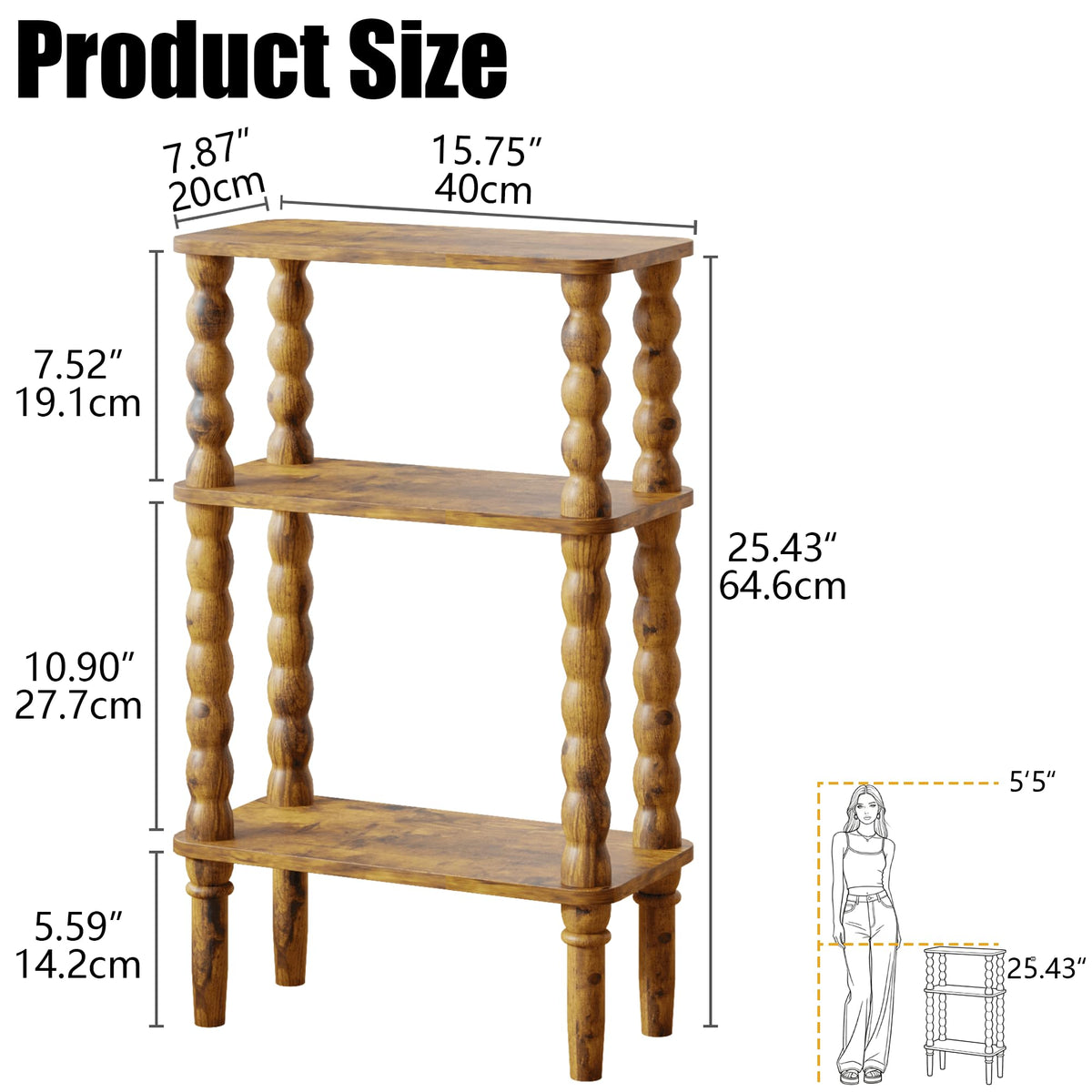 Veegle Side Table, Small End Table with Storage Shelf, 3-Tier Small Coffee Tables for Living Room Bedroom Narrow Spaces(Rustic Brown)