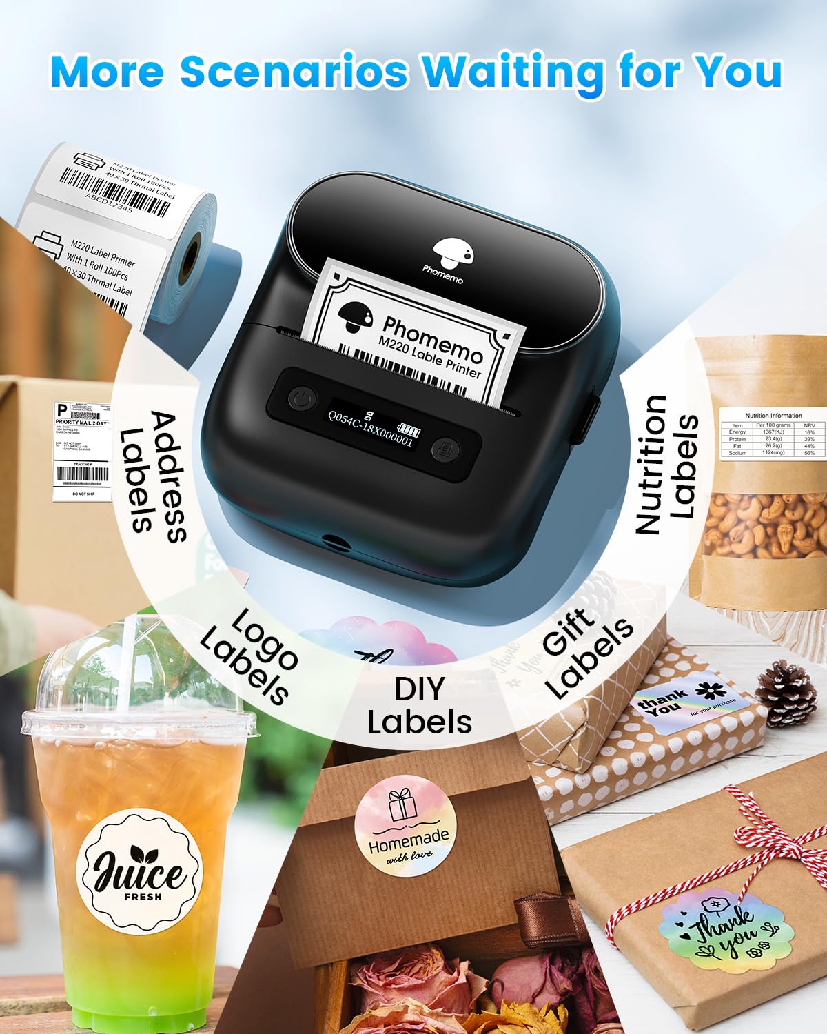 Phomemo M220 Label Maker for School, Bluetooth Label Printer for Small Business, Sticker Printer Compatible with Phone, Tablet & PC, with 3 Rolls & 1 Case