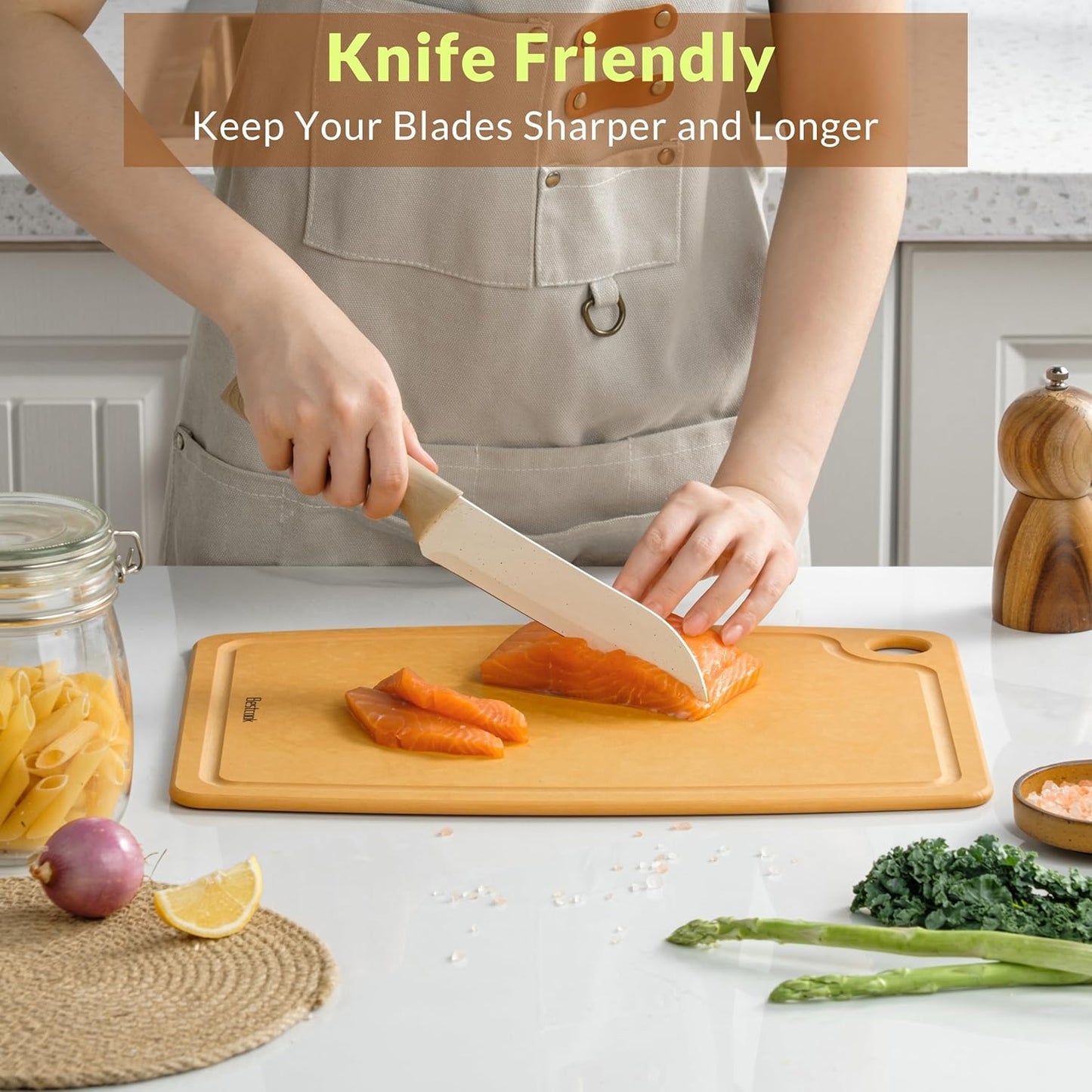 BESTCOOK Wood Fiber Cutting Board for Kitchen, BPA-Free Reversible Durable Chopping Board with Juice Groove, Non-Porous Dishwasher Safe, Non-Slip, Knife Friendly for Meat Bread Fruit, Natural