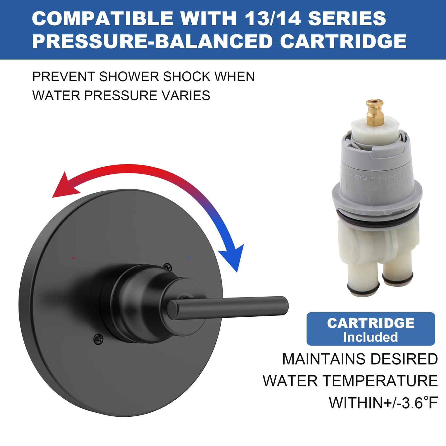 Replacement for D Faucet Trinsic 14 Series Single-Function Black Shower Valve Trim Kit, Shower Handle, Matte Black Shower Trim Kit T14059-BL (RP46074 Cartridge Included, Valve Not Included)