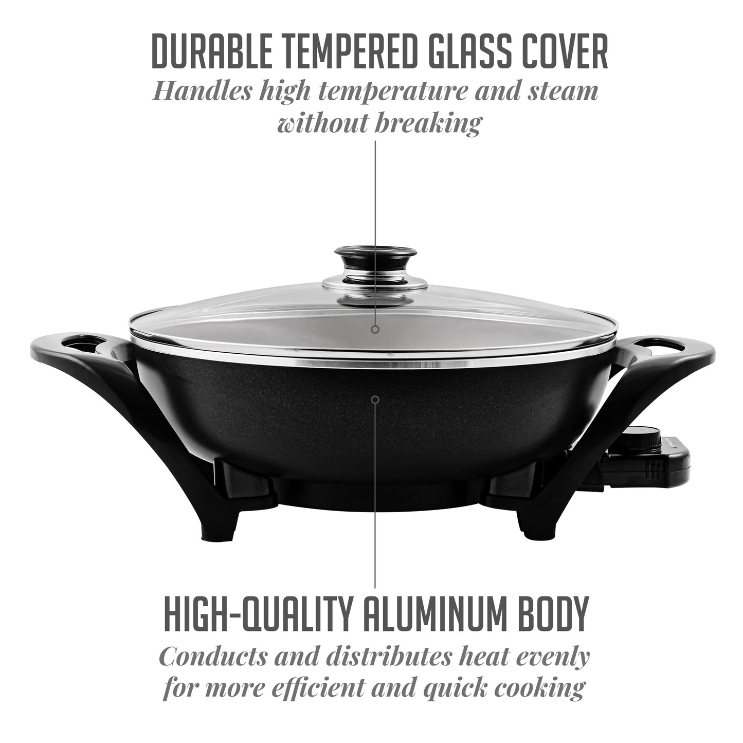 Ovente Sk3113B Non-Stick Electric Skillet with Aluminum Body, 13 Inch, Adjustable Temperature Controller/Regulator Included, Tempered Glass Cover, Cool-Touch Handles