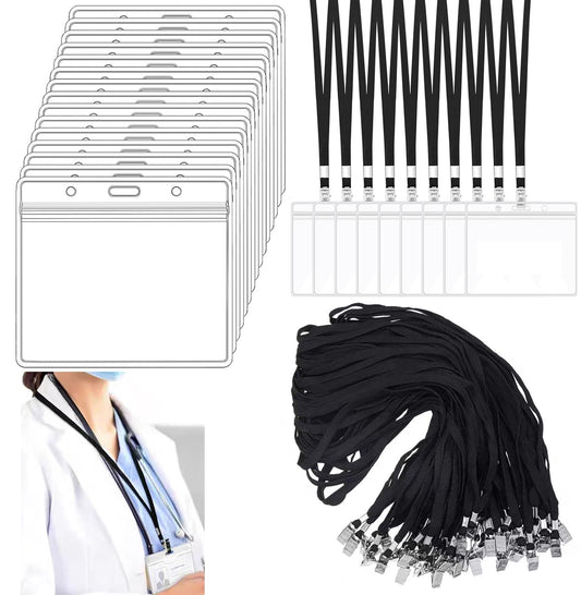 140 Pcs Lanyards with ID Holder, 4x3 in Badge Holder with Lanyards 70 Pcs Clear Waterproof Horizontal Name Tag and 70 Pcs Black Neck Badge Lanyards for Office School