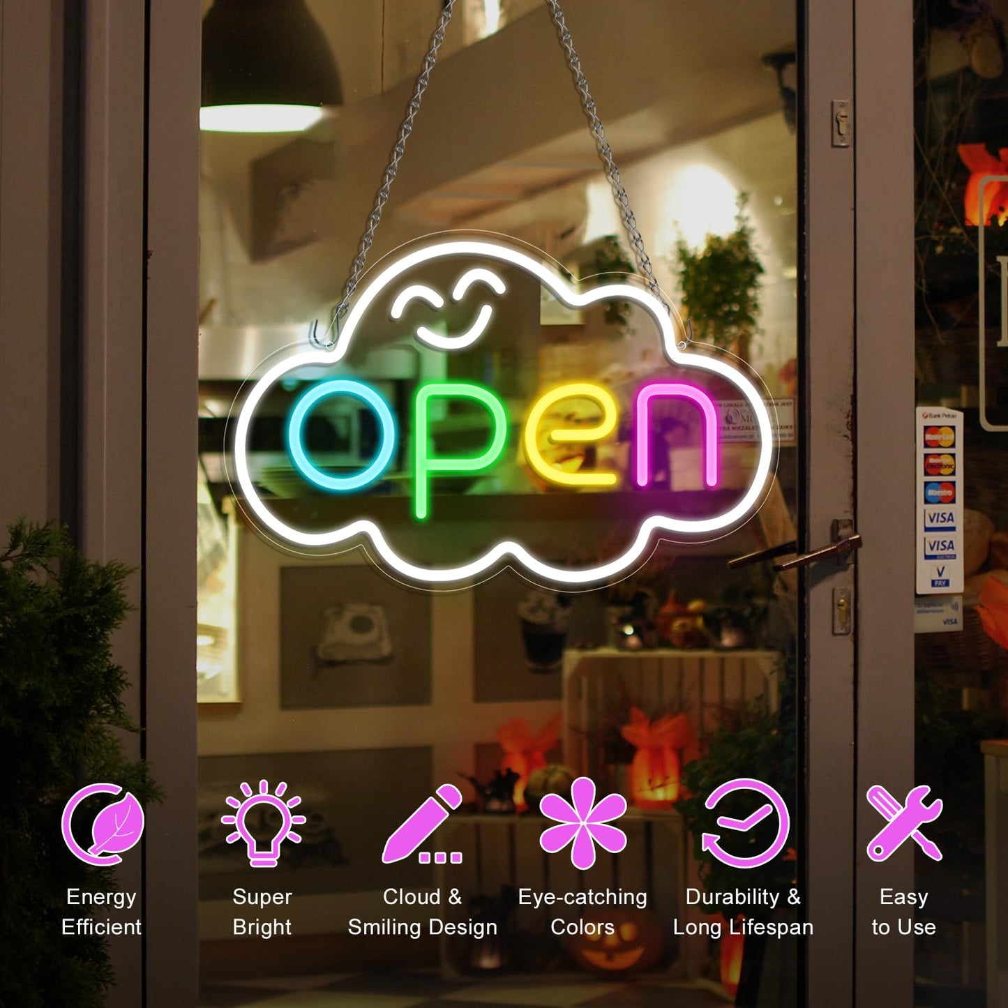Super Bright Open Sign, 16.5"x 10.2" LED Open Signs for Business Window, Electric Light up Sign with 12V Adapter & ON/OFF Switch, Open Sign LED for Stores Restaurants Offices Bar Coffee Shops
