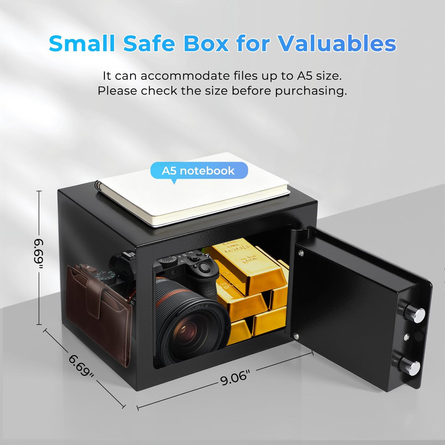 Small Safe Box for Home, Wall Safes 0.23 Cubic Feet, Heavy Duty Steel Safety Lock Box with 3 Keys for Money, Documents, Passort, Jewelry 9.06"x 6.69"x 6.69" Black