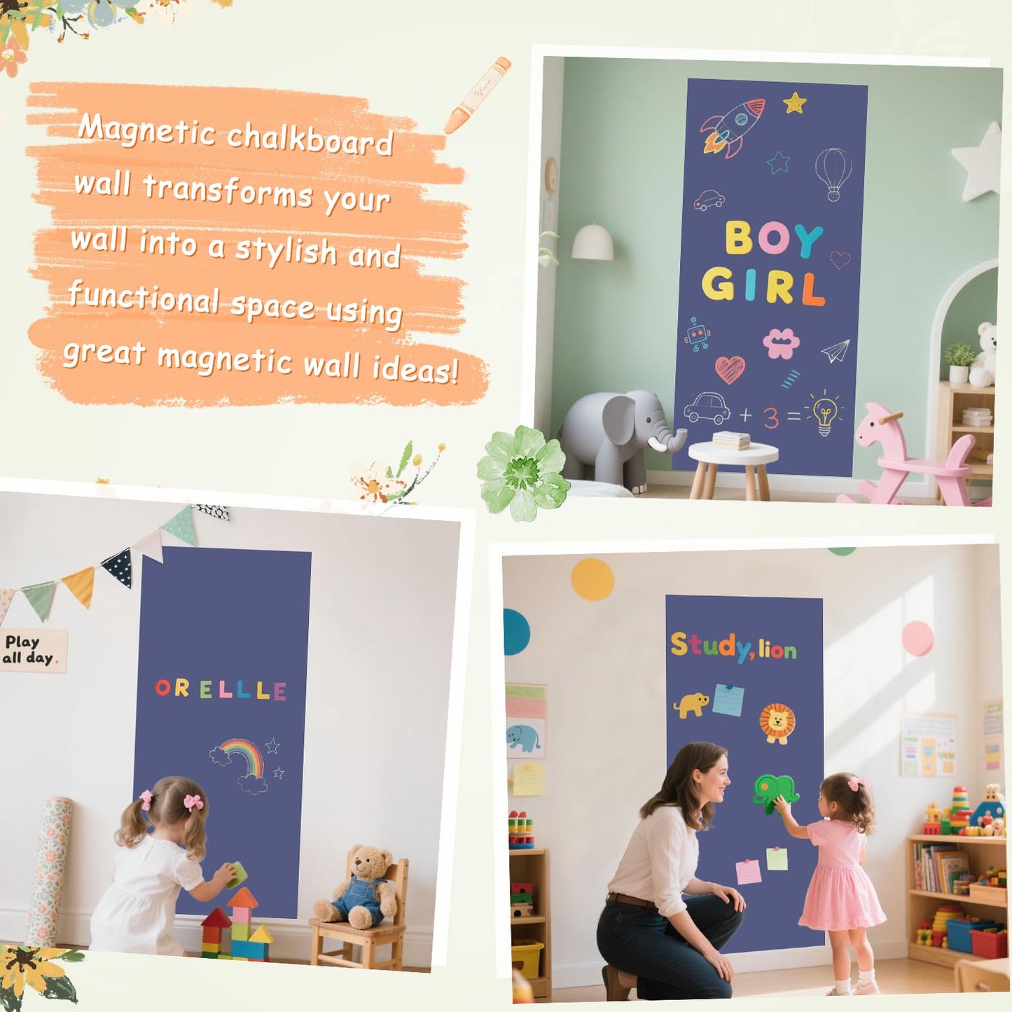 FANPROMS Magnetic Wall Decal 120x45CM Dusty Blue Magnetic Chalk Board Sticker Magnet Chalkboard for Wall Peel and Stick Self Adhesive Blackboard for Playroom Home Office