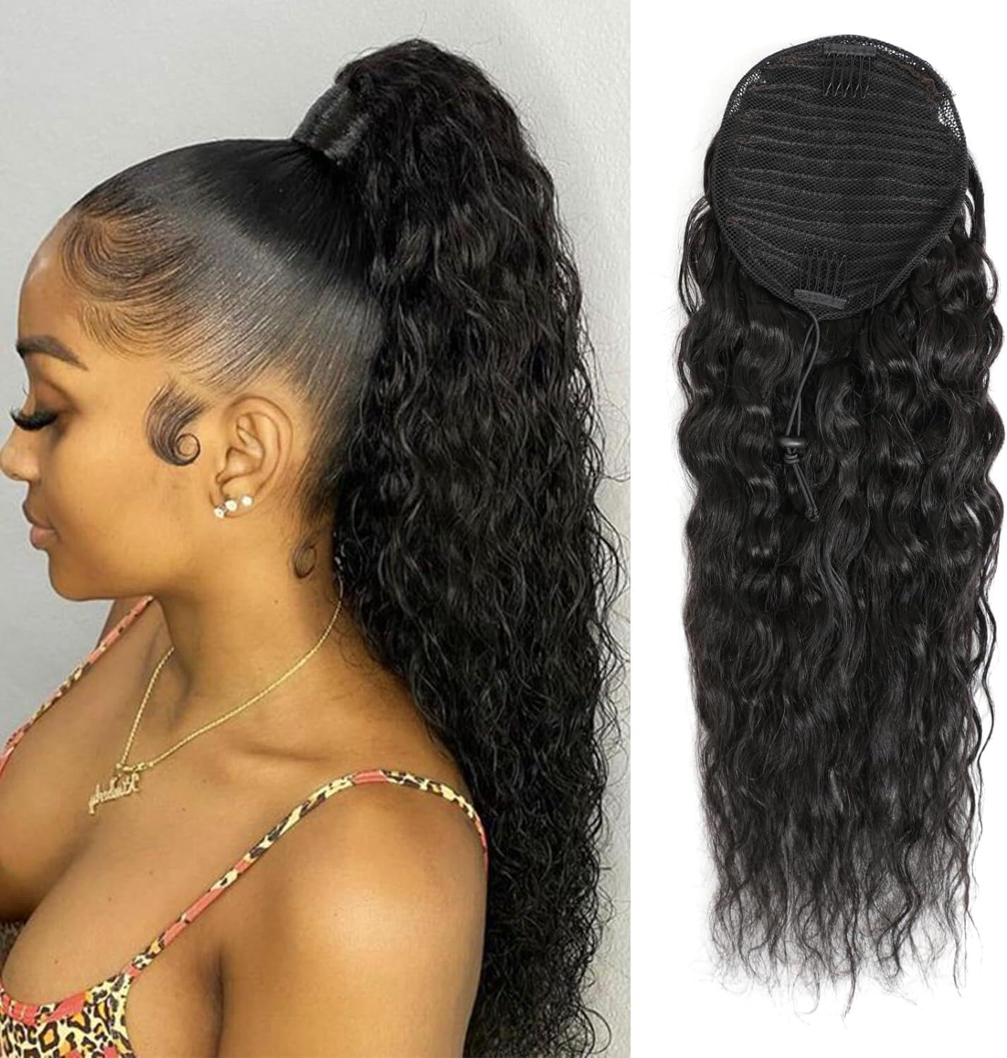 Datanala Water Wave Ponytail Extensions Human Hair Drawstring Ponytail Extension Brazilian Remy Water Wave Human Hair Ponytail Clip in Hair Extensions Nature Black Color for Black Women (18Inch)
