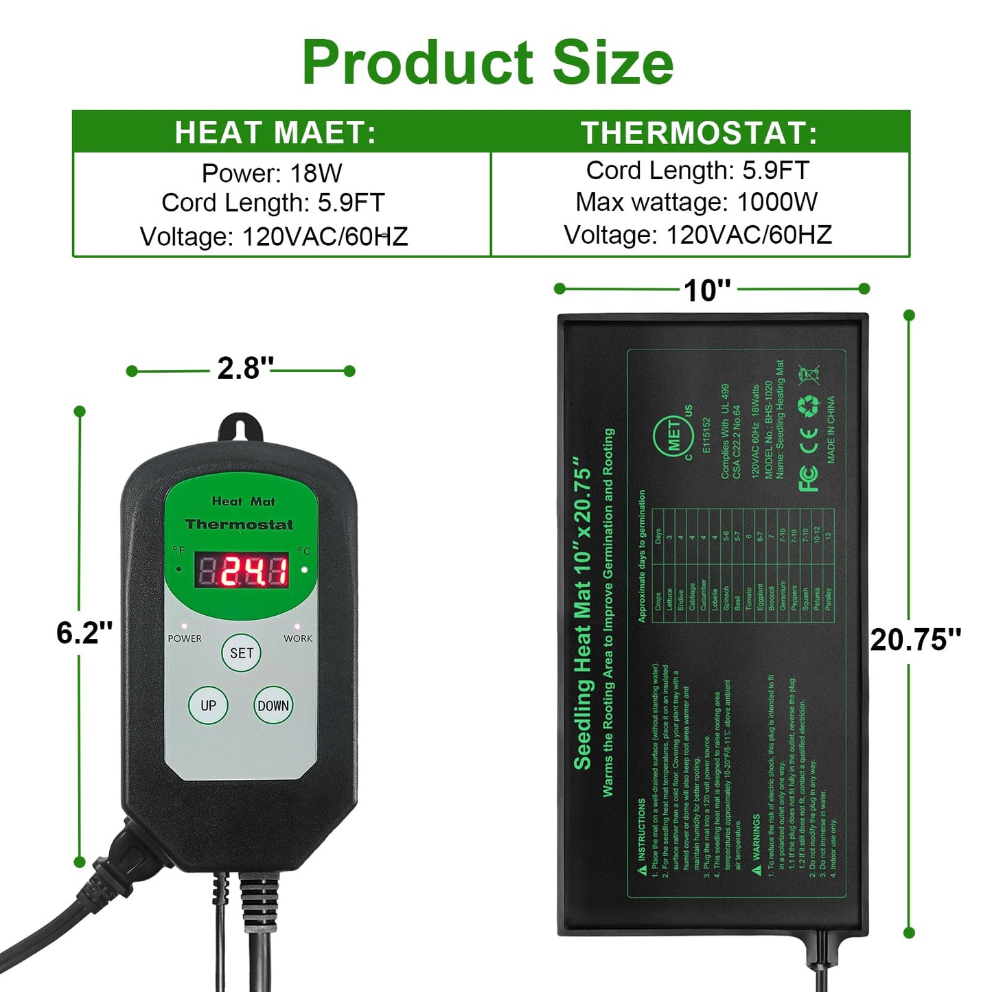 Bestio 10 in x 20.75 in Seedling Heat Mat, Waterproof Heat mats for Seed Starting, MET & UL Dual Certification Standard for Seeding, Greenhouse Growing