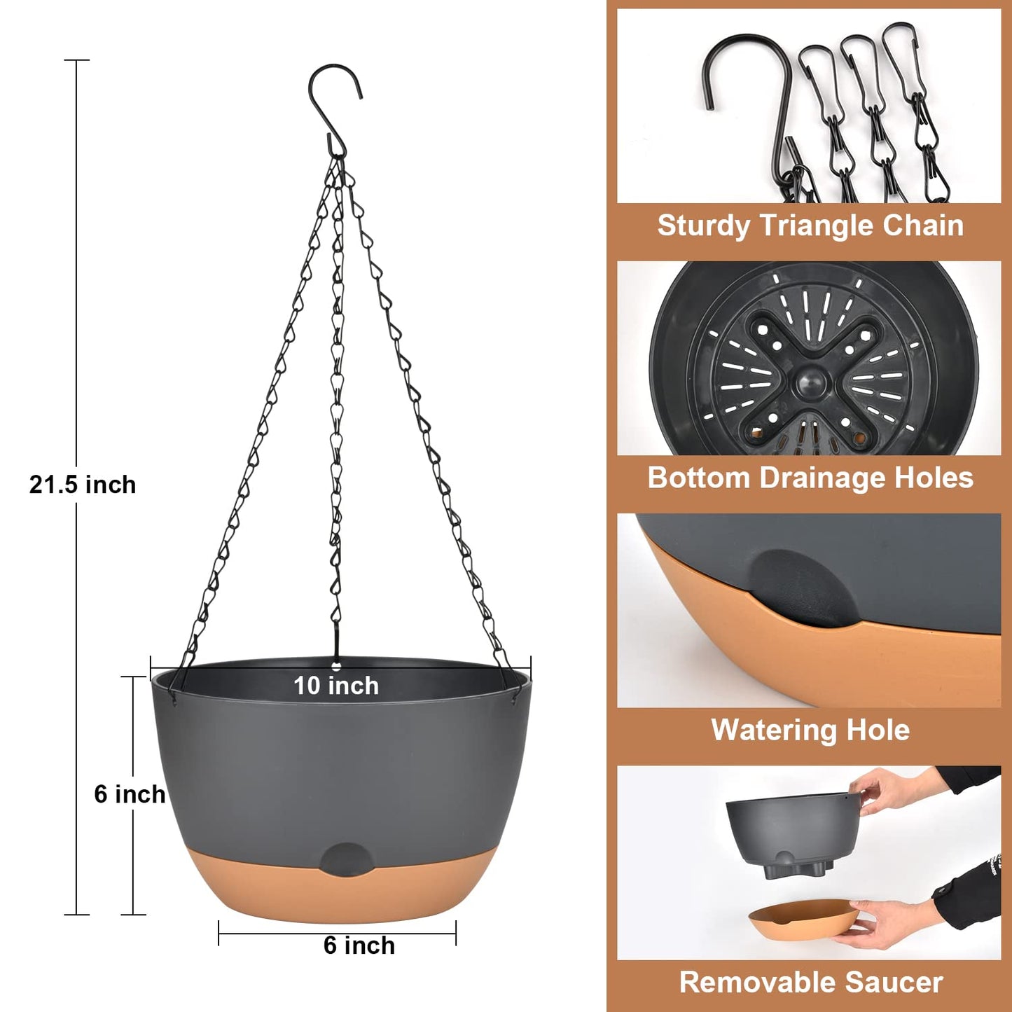 2 Pack Hanging Planters for Indoor Plants, Self-Watering Hanging Planter Holder with Pot, Drainage Holes, Removable Saucer for Garden Home (Black, 10 Inches)