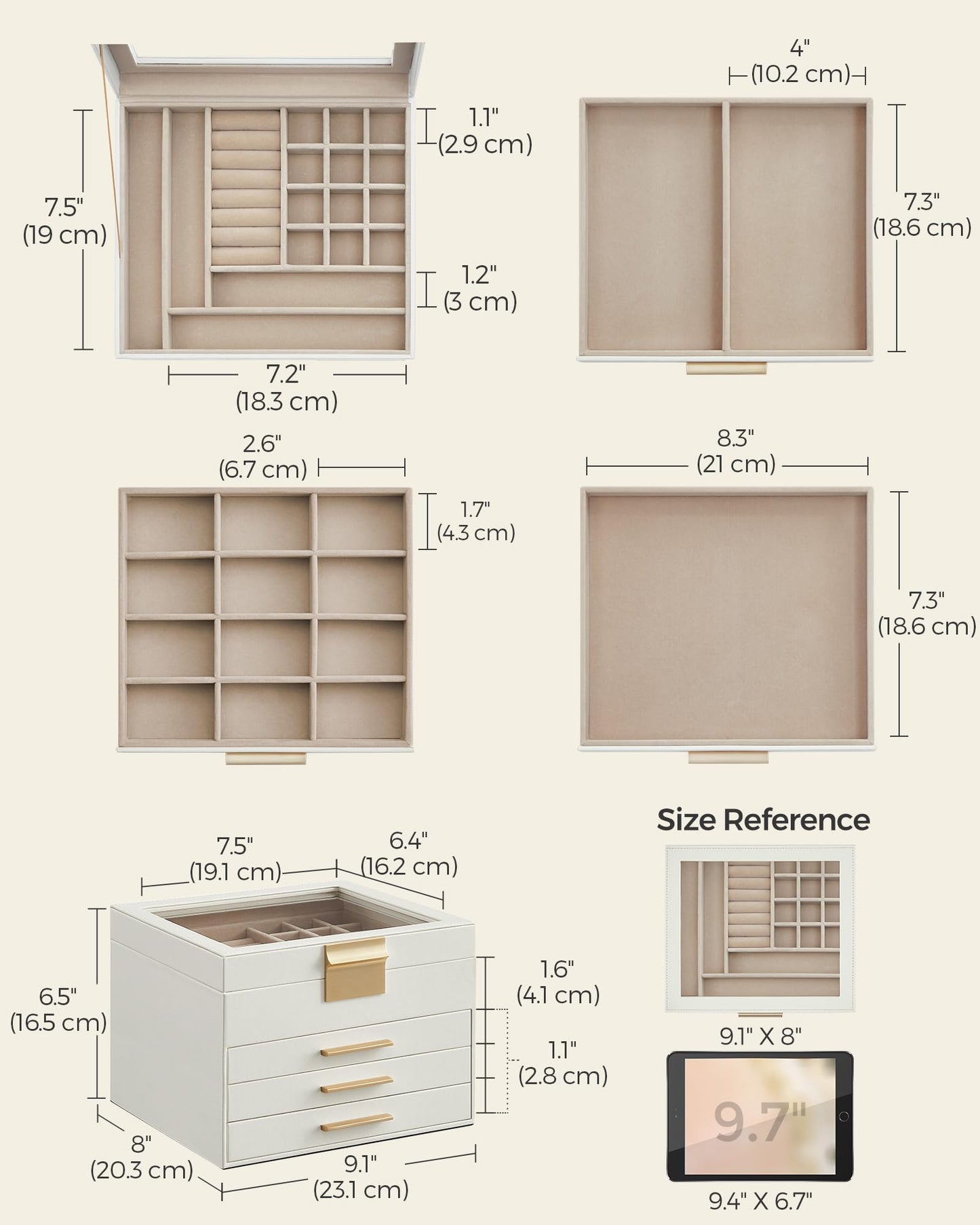 SONGMICS GISELLA Collection - Jewelry Box Organizer, 4-Layer Jewelry Storage with 3 Drawers, Shiny Metal Hardware, Glass Lid, Modern, 20.3 x 23.1 x 16.5 cm, Cloud White and Gold Color UJBC173W01