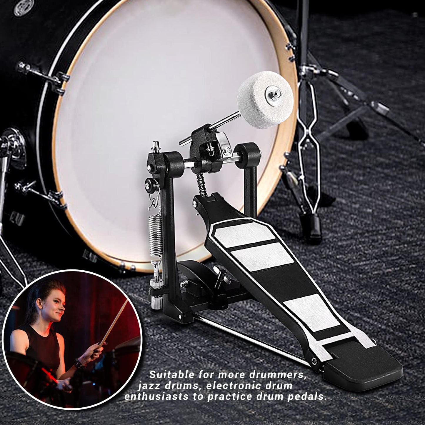 Facmogu Single Kick Bass Drum Pedal, Kick Drum Pedal Come with Classic Felt Beater Stick & Key for Foot Percussion Set Instrument, Single-Chain Heavy-duty for Beginner & Pro Drummers