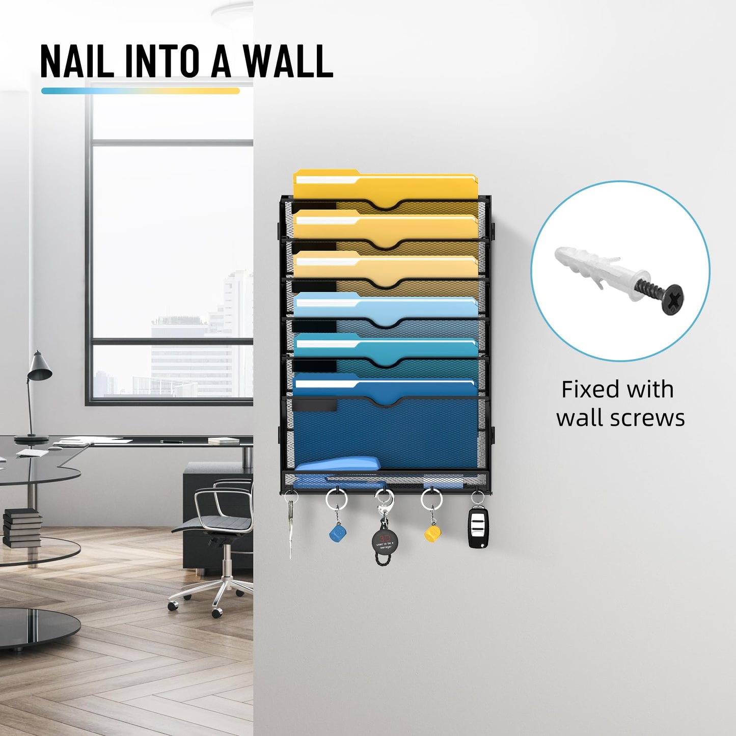 SUPEASY 7-Tier Wall File Holder Organizer with Hooks, Mesh Hanging File Organizer, Mail Organizer Wall Mounted for Papers, Folders, Office Magazine Rack, Assembly Needed, Black