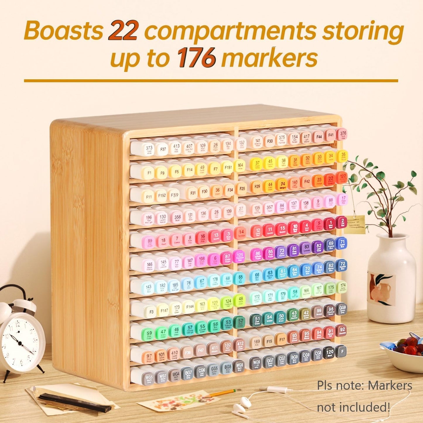 walowalo Marker Organizer Hold 176 Markers Bamboo Pen Holder Art Supply Pencil Storage 22 Compartments All-in-One Alcohol Marker Storage for Home Office Desk Classroom Birthday Gifts