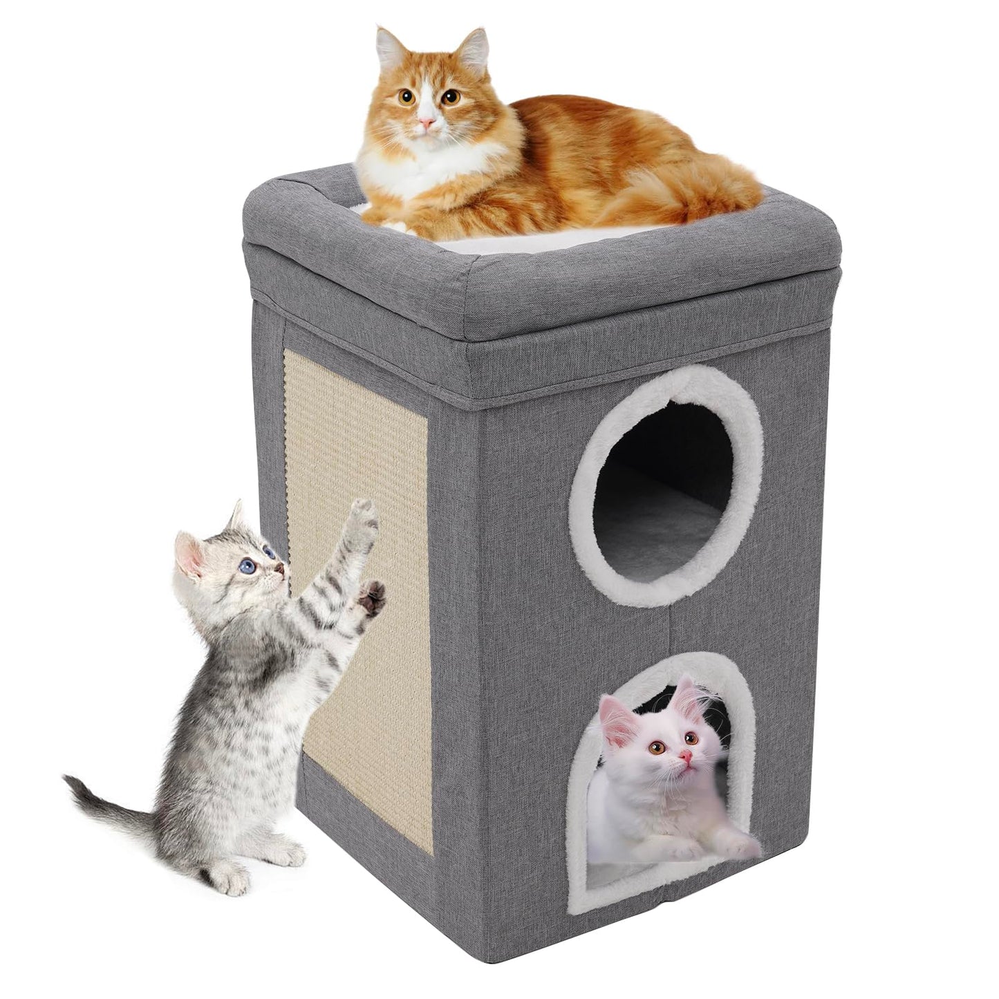 3-Level Cat House for Indoor, Covered Cat Condo with Scratch Pad and Hideaway Cave, Cat Bed &Furniture for Multi Pets and Large Cats, 15.3 * 15.3 * 26 inches,Grey