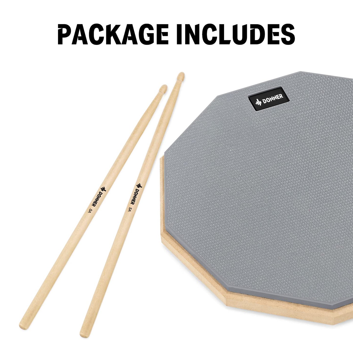 Donner Drum Practice Pad，12 Inches Silent Practice Drum Pad 2-Sided With Drum Sticks - Gray