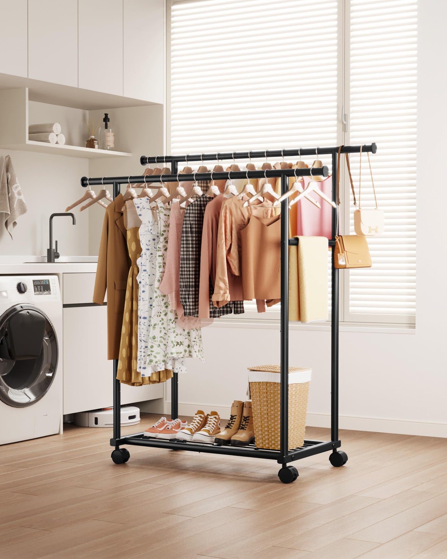 Sakugi Clothing Rack - Double Rod Coat Rack with Fixed Extension Bar, Built-In Mesh Shelf & Lockable Wheels, Multi-Purpose Clothes Rack for Bedroom, Laundry, Entryway, 98cm x 42cm x 150cm, Black