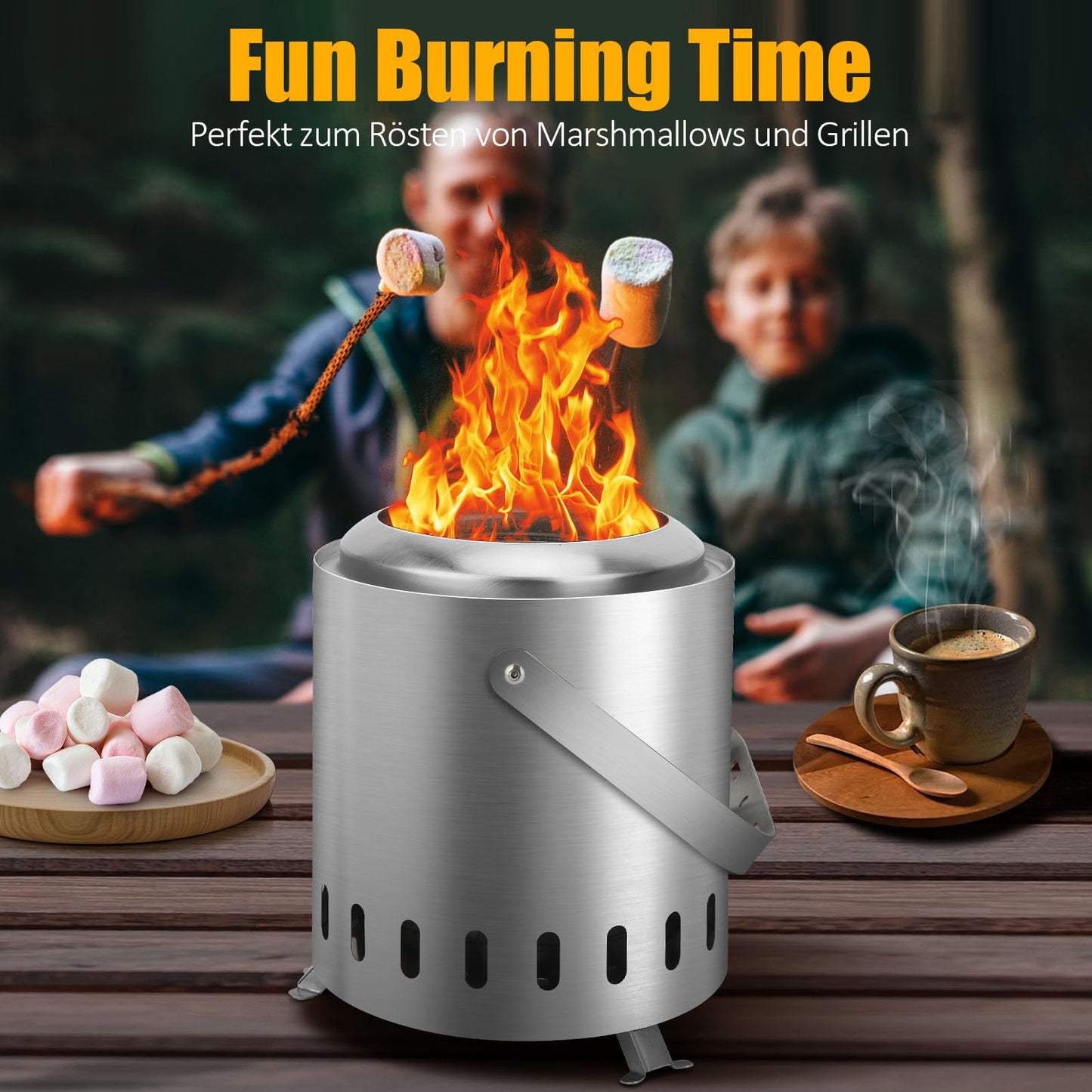 YIKEDAN Tabletop Fire Pit with Folded Stand and Carry Handle, Portable Stainless Steel Fire Pit with Travel Bag, Outdoor Smokeless Stove for Camping, Fueled by Pellet or Wood