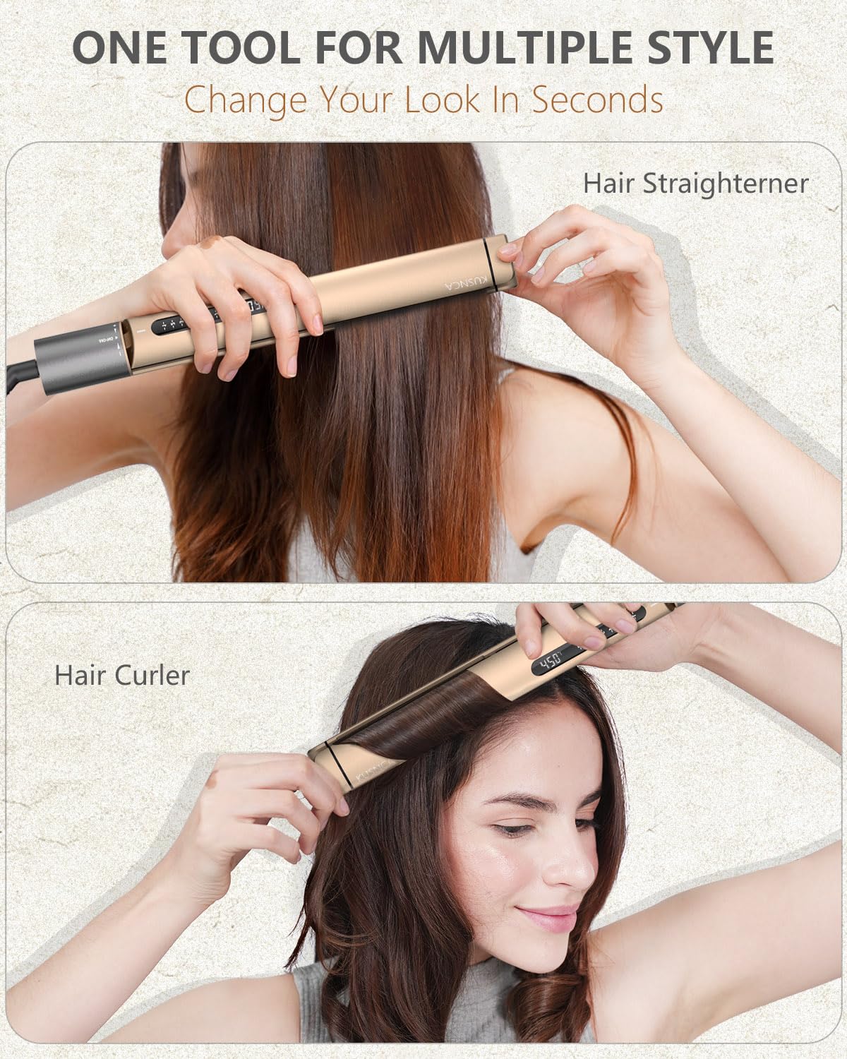 KUSNCA Hair Straightener, Professional Flat Iron Hair Straightener and Curler 2 in 1, Ceramic Negative Air Straighteners, Dual Voltage Travel Straightener, Front Anti-Scald Function, LCD 230°F-450°F, 1 Inch (Gold)