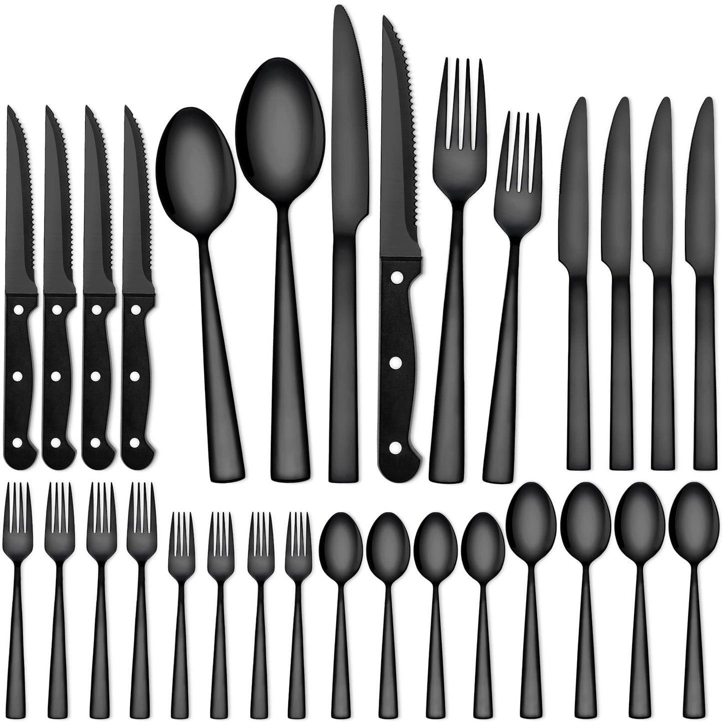24-Piece Stainless Steel Black Silverware Set - CEKEE Flatware Kitchen Utensils Cutlery Set for Home & Restaurant, Premium Knife Fork Spoon with Steak Knives, Heavy Duty & Dishwasher Safe
