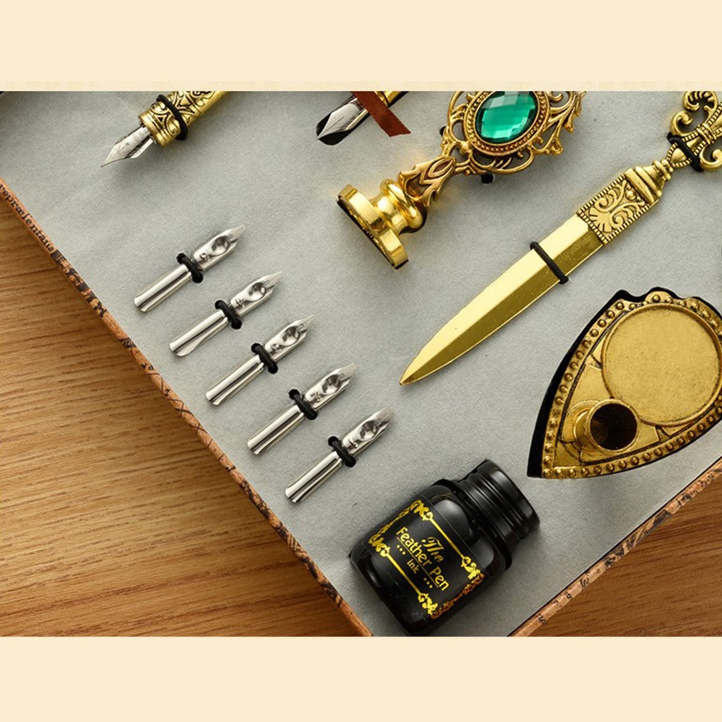 VolkRose Quill Pen and Ink Set, Calligraphy Feather Pen Set with Dip Pen, 5 Replaceable Nibs, Ink, Wax Seal Stamp, Wax Seal Stick, Tea Waxes, Envelope Opening Tool, Art Gift for Writing Drawing