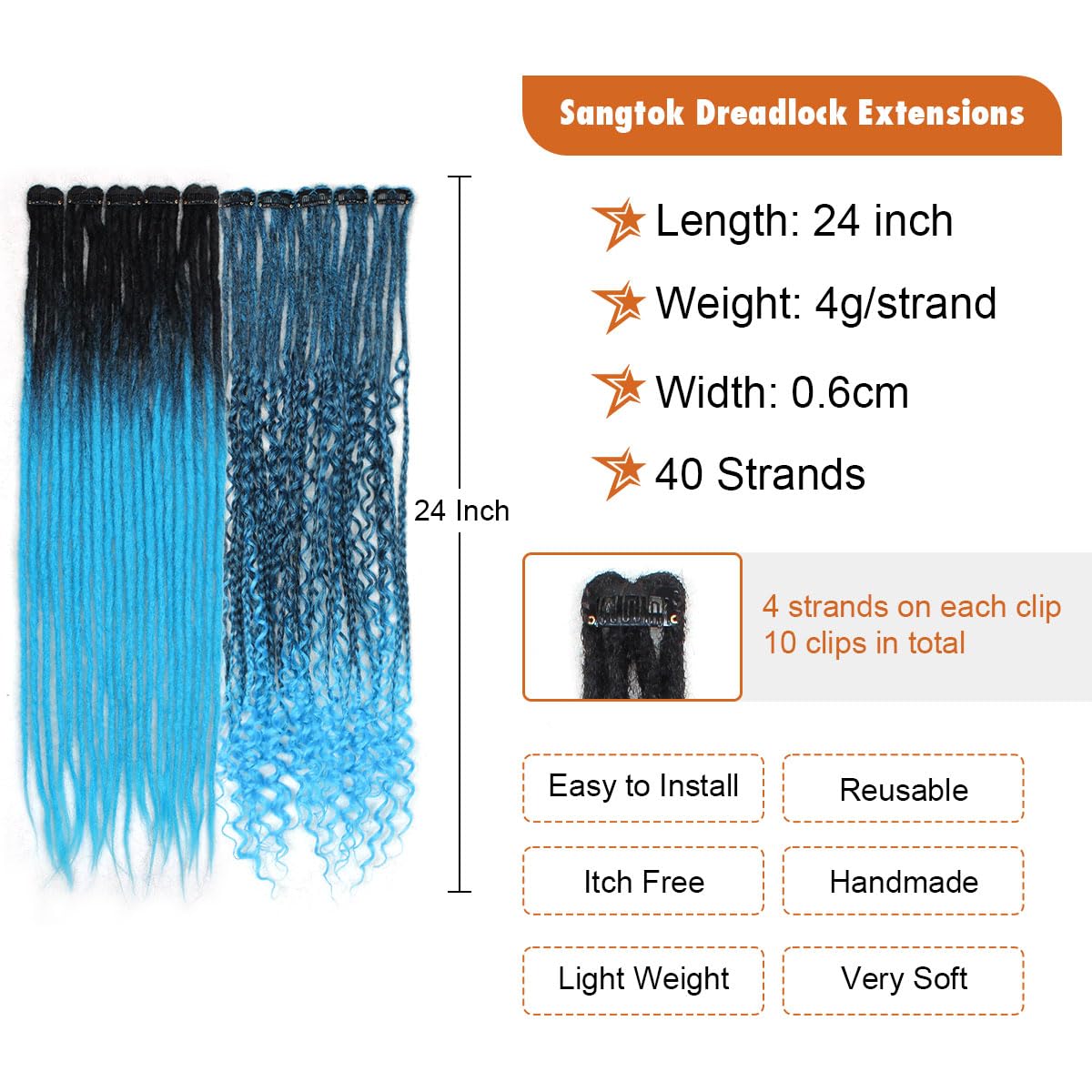 Sangtok 10 PCS Mixed Clip in Dreadlock Extensions, 24 inch Synthetic Dreads Extensions, Thin Straight Dreadlock for Women, 1b-blue