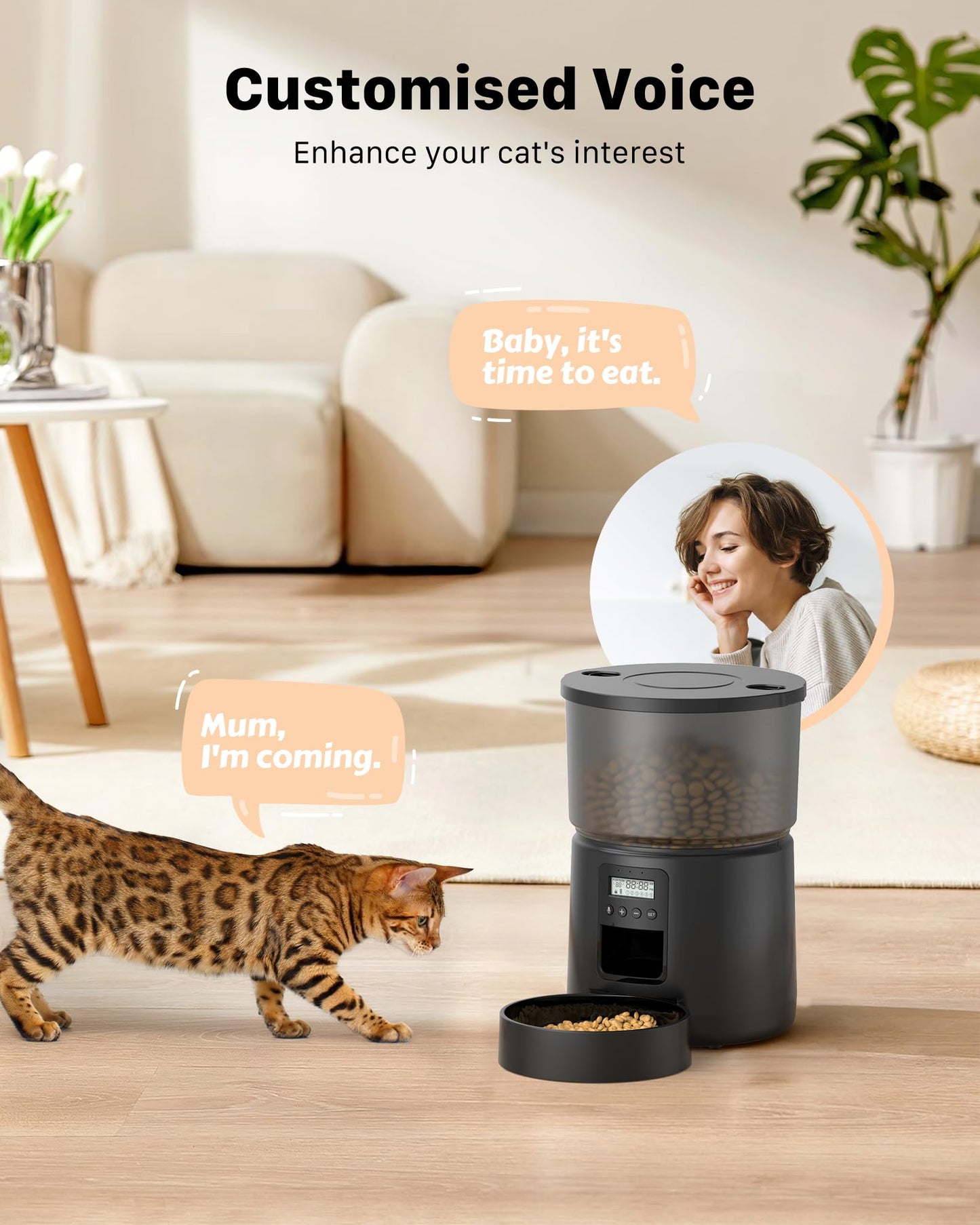 BEMOONY Automatic Cat Feeder 5L, Cat Food Dispenser with 1-6 Meals, Customized Feeding Schedule for Cats & Dogs, Dual Power Supply, Double Lock, 10s Voice, 3L Cat Feeder Including Desiccant Bag