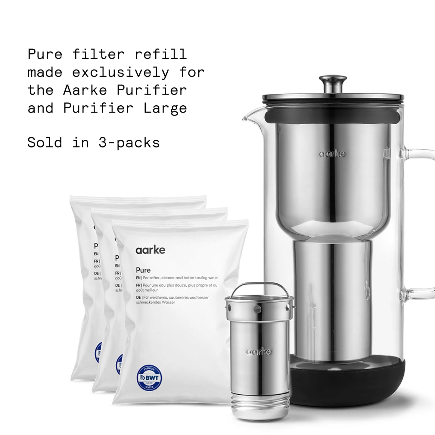 aarke Pure Filter Refill Granules - Reduces Heavy Metals for Clean Water, Eco-Friendly, 8-Week Performance, Filters 31.7 Gallons Per Bag (3 Pack)