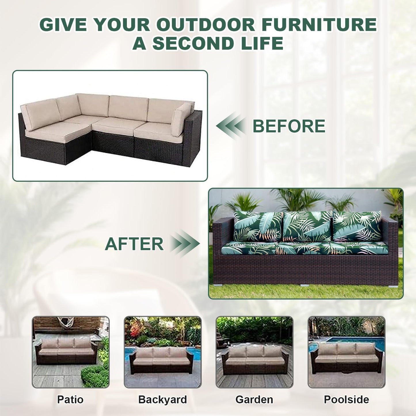 8PCS Outdoor Couch Covers, Patio Sofa Cushion Covers-Stretch Print Slipcovers, Washable Sofa Chair Seat Cushions Slipcovers for Indoor & Outdoor Furniture (8, Green Forest)