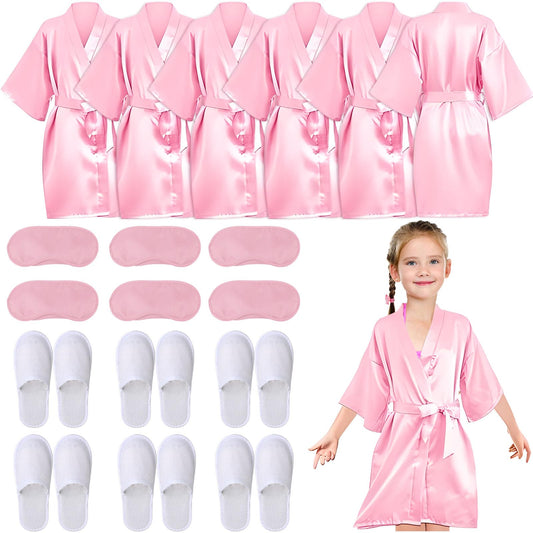 18 Pcs Spa Party Supplies for Girls 6 Satin Kimono Robe 6 Sleeping Eye Mask 6 Disposable Slippers for Flower Girl Kid Salon Pedicure Wedding Birthday Favors Washing Shower (Size 14, Pink)
