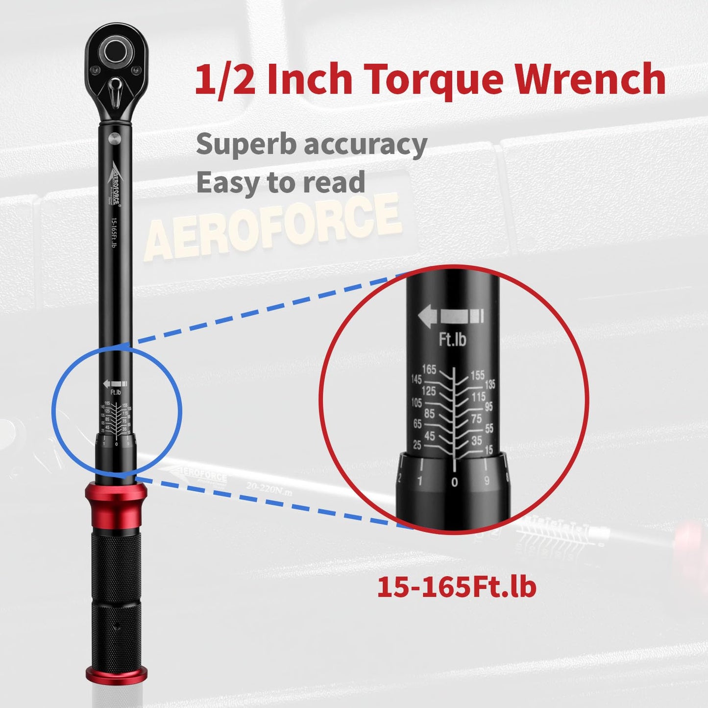 AEROFORCE 1/2-Inch Drive Torque Wrench（15-165 lb.ft / 20.4-224.4 Nm,72 Tooth Dual Direction Reversible Ratchet, Dual Range Scales, Precision Calibrated for Bike, Motorcycle and Car Repair