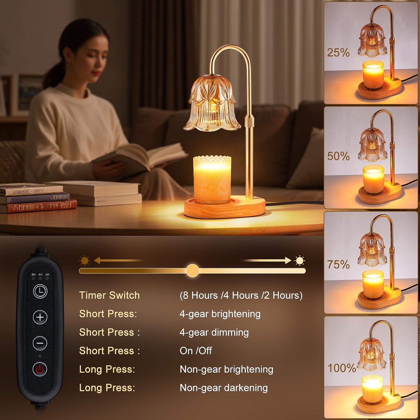 Candle Warmer Lamp with Timer - Adjustable Height Electric Candle Warmer Lamp with Dimmer, Flower Glass Shade Wax Melt Warmer with Wood Base, Dimmable Halogen Candle Warmer for Jar Candles Home Decor
