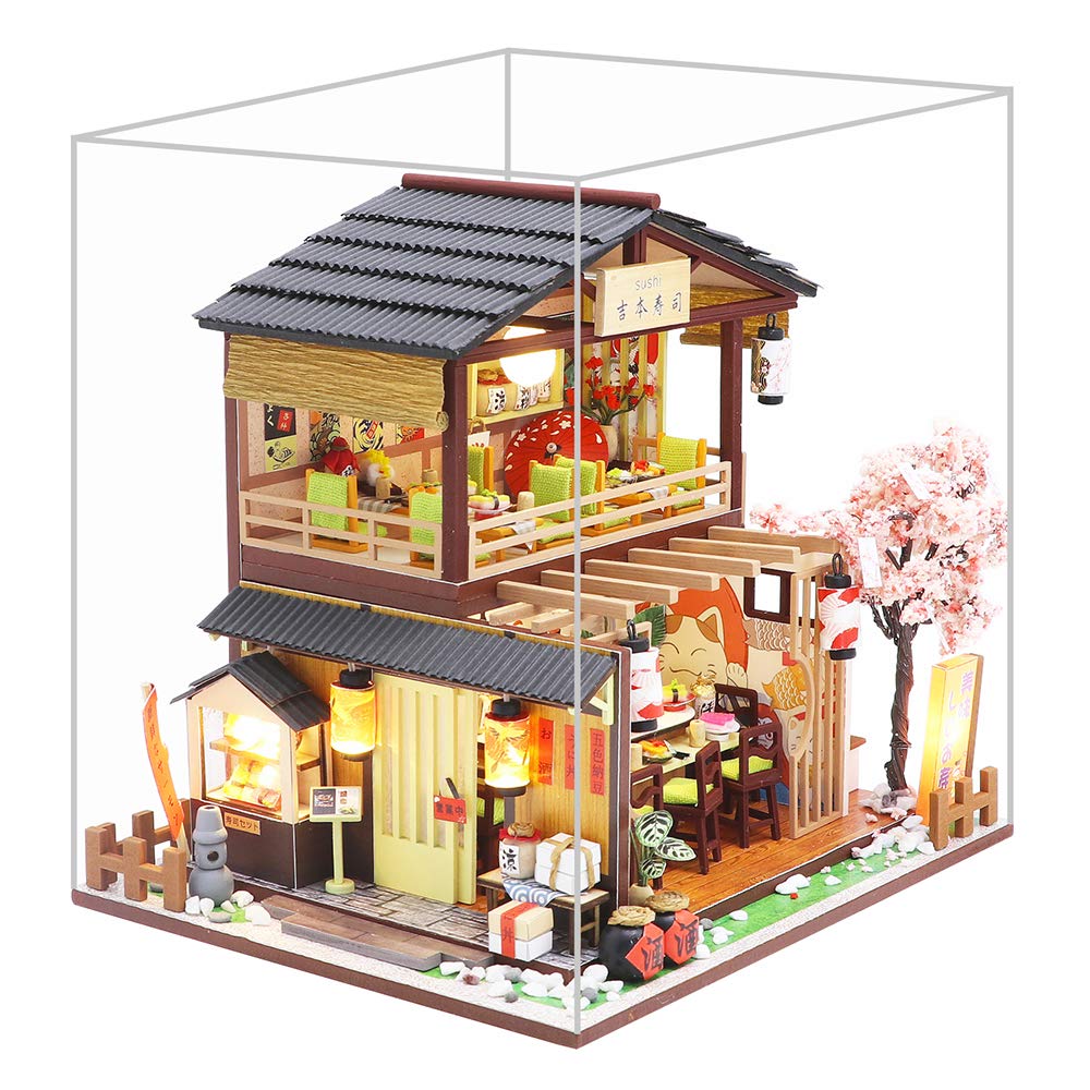 Spilay DIY Dollhouse Miniature with Wooden Furniture,Handmade Japanese Style Home Craft Model Mini Kit with1:24 Scale Creative Doll House Toys for Adult Teenager Gift (Gibbon Sushi)