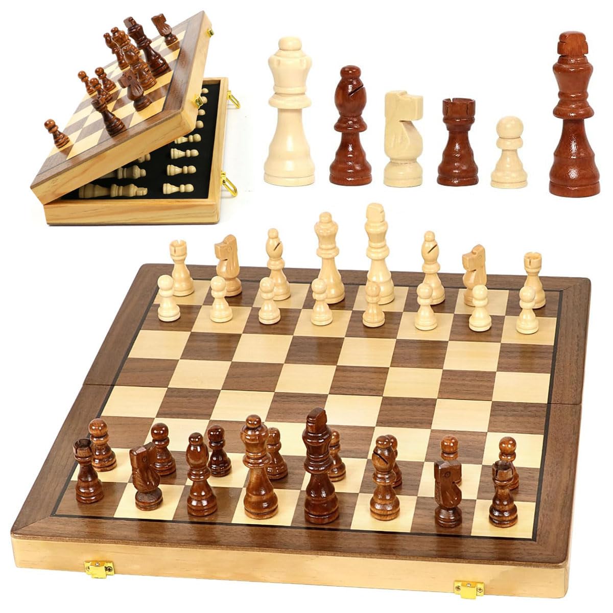 15.35 Inch Magnetic Wooden Chess Set, Exqline Large Chess Board Set with 2 Extra Queens, Handmade Portable Travel Folding Board Games, Beginner Tournament Chess Set for Kids and Adults