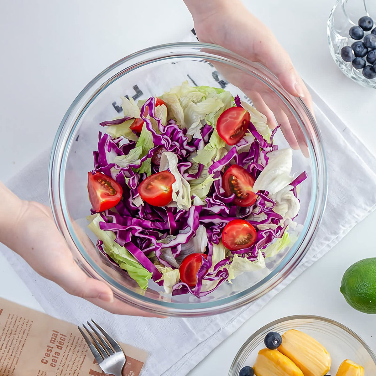 Luvan High Borosilicate Glass Mixing Salad Bowls with Lids Set of 4, 3.7QT,2.5QT,1.5QT,1QT Large Kitchen Nesting Bowls, Great for Food Storage, Cooking, Baking,Prepping-4PCS