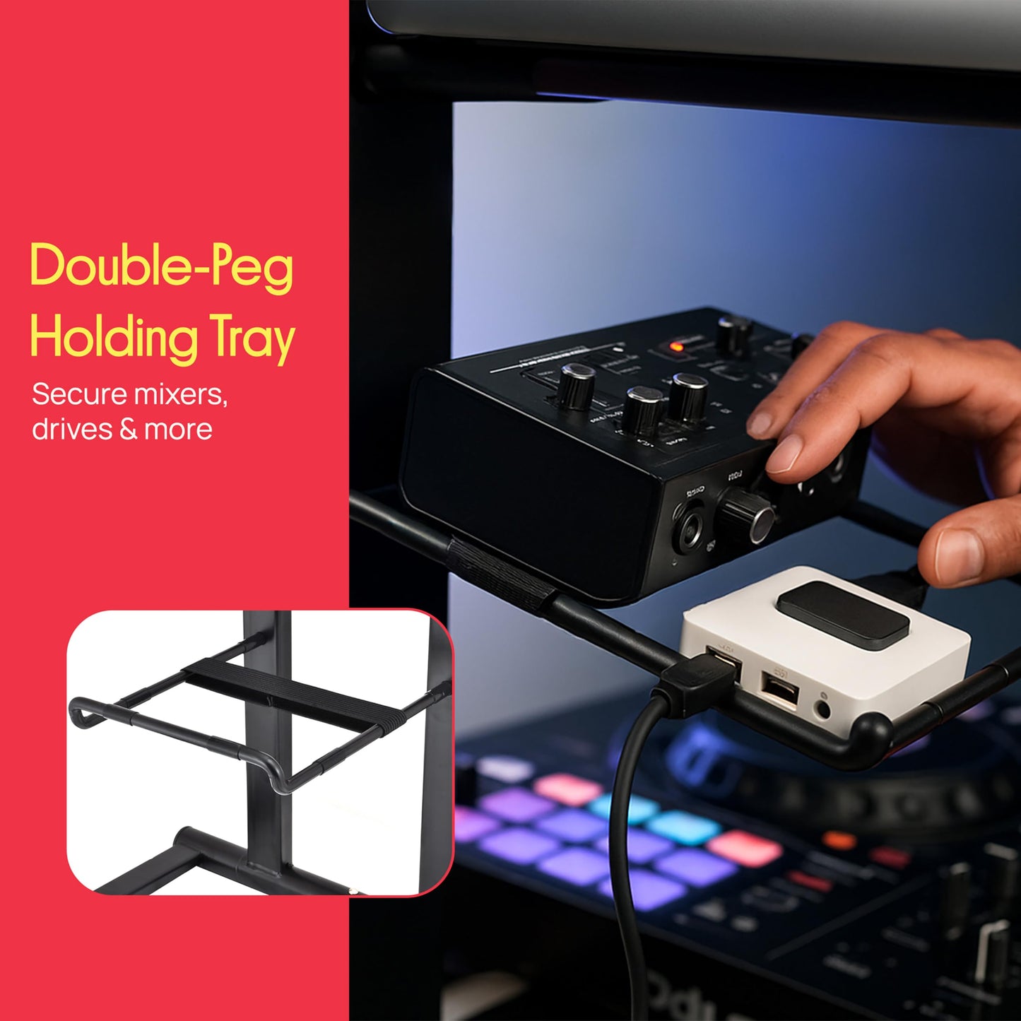 PYLE Laptop DJ Stand- Sturdy & Light Weight Standing Table w/ Foldable Height, & Secondary Accessory Tray, Securely Holds- DJ Mixer, Laptops, iPad, Tablet- Workstation, Gaming & Home Use- Includes Bag