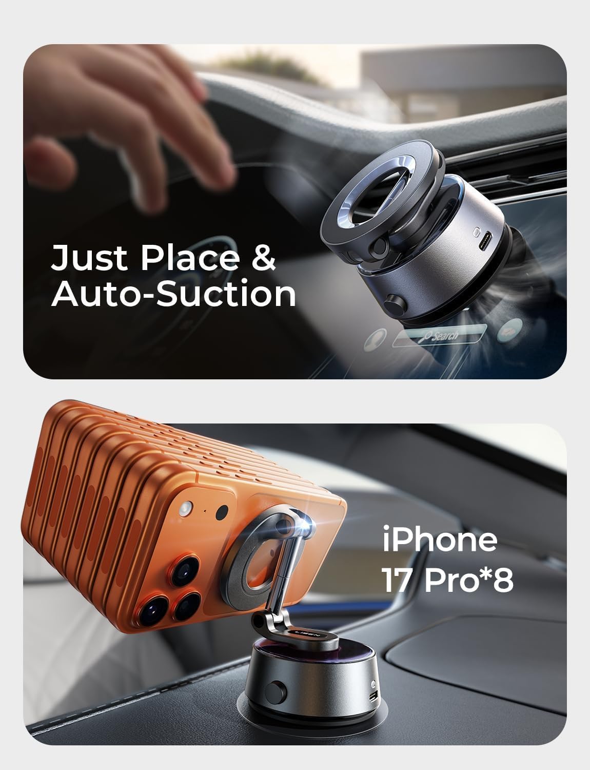 LISEN for Automatic Magnetic Phone Holder Car 【AUTO-Suck & 360° Adjustable】 Electronics Phone Holder for MagSafe Suction Cup Car Mount Accessories for iPhone 17 air pro max 16 15 14 13 12 Space Black