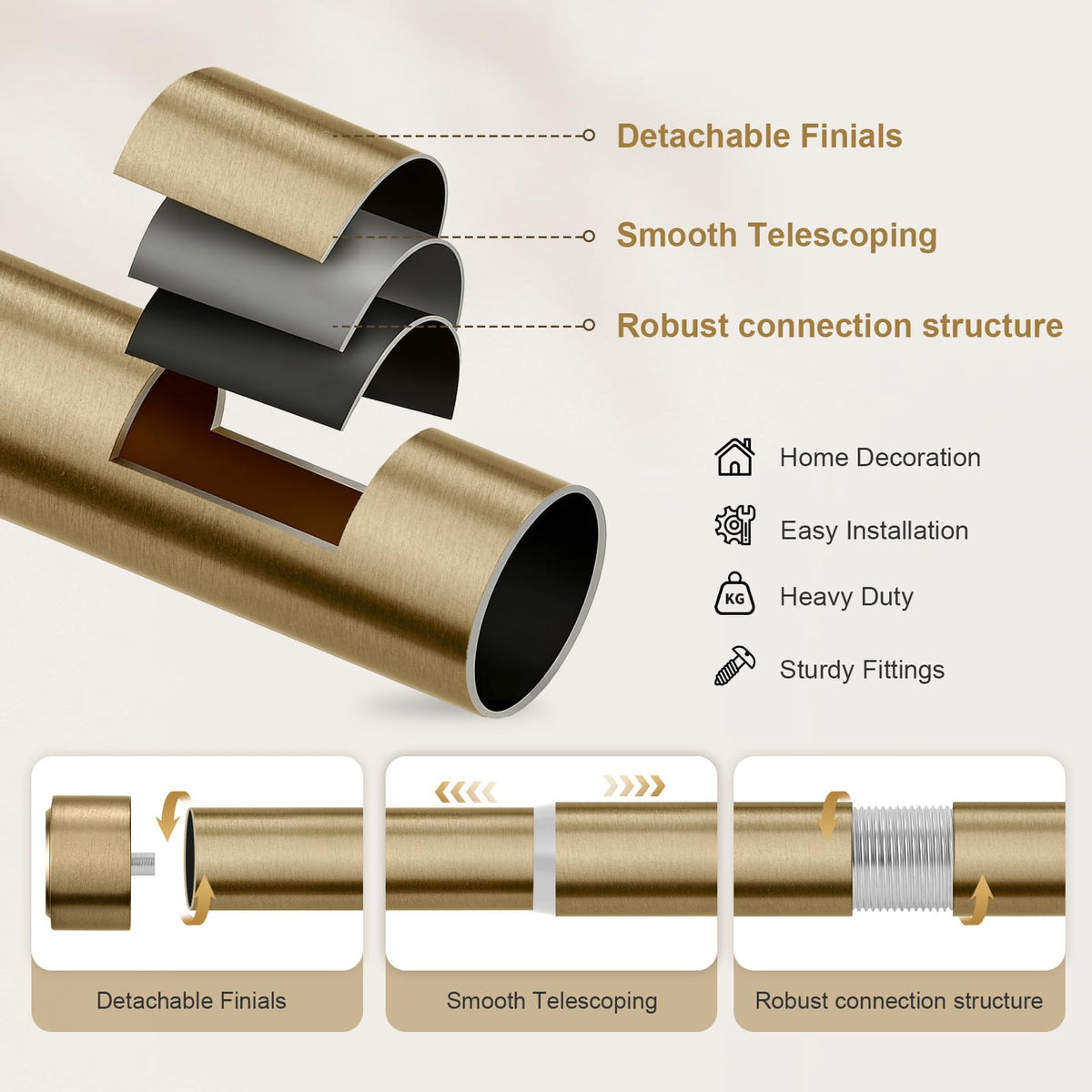 JRZOO Warm Gold Curtain Rod 36-144 Inches Adjustable, 1" Diameter Heavy Duty Window Rod with Alloy Metal Finials & New Heavy Duty Brackets for Bedroom Living Room Kitchen