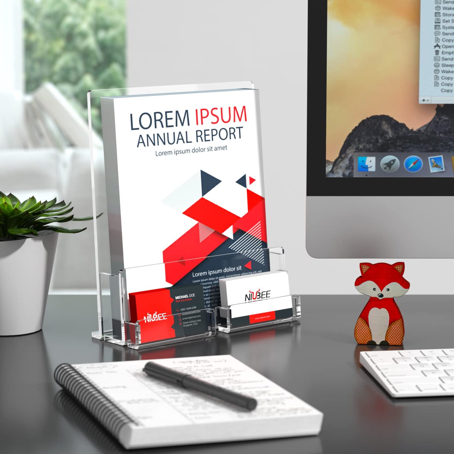 NIUBEE 2-Pack Acrylic Brochure Holder 8.5*11 inches , Clear Brochure Display Stand with Acrylic Business Card Holder, Plastic Flyer Display Stand for Magazine, Pamphlet, Booklets, Menu, Journals