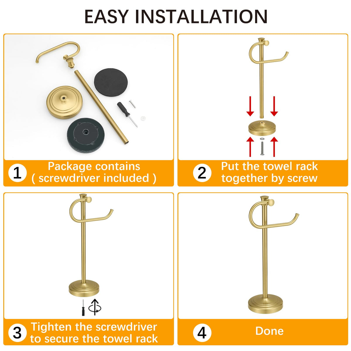 BESy 17 Inch Brushed Gold Stand Towel Bar Hanger Hand Towel Bar Bathroom Vanity Countertop Towel Holder Free Standing Stainless Steel Towel Ring Hardware Accessories Towel Rack