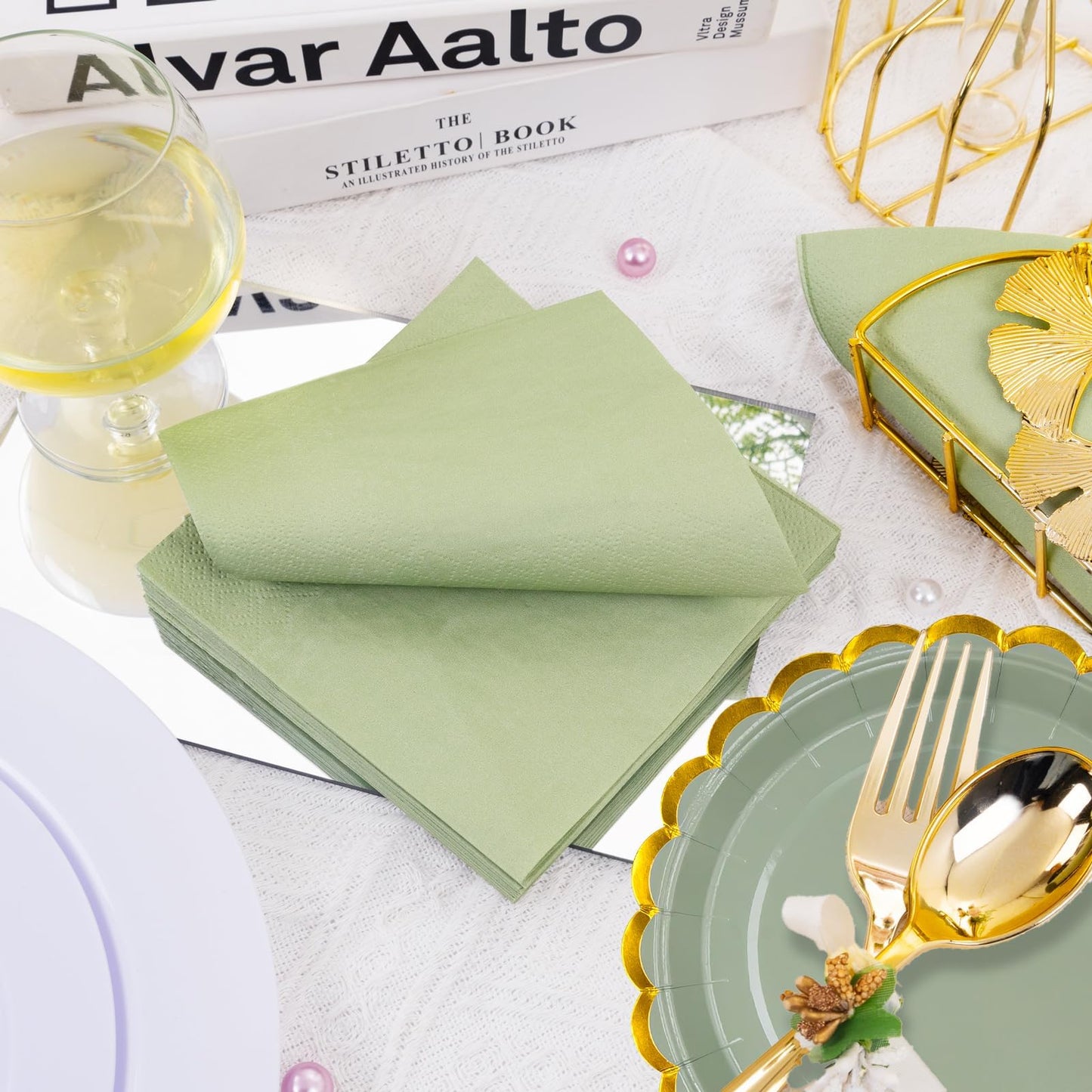 410PCS Sage Green Paper Plates and Napkins Party Supplies, Disposable Dinnerware Set Include 200 7 inch Gold Scalloped Edge Dessert Plates, 90 Cups, 120 Napkins for Bridal Baby Shower Birthday Wedding