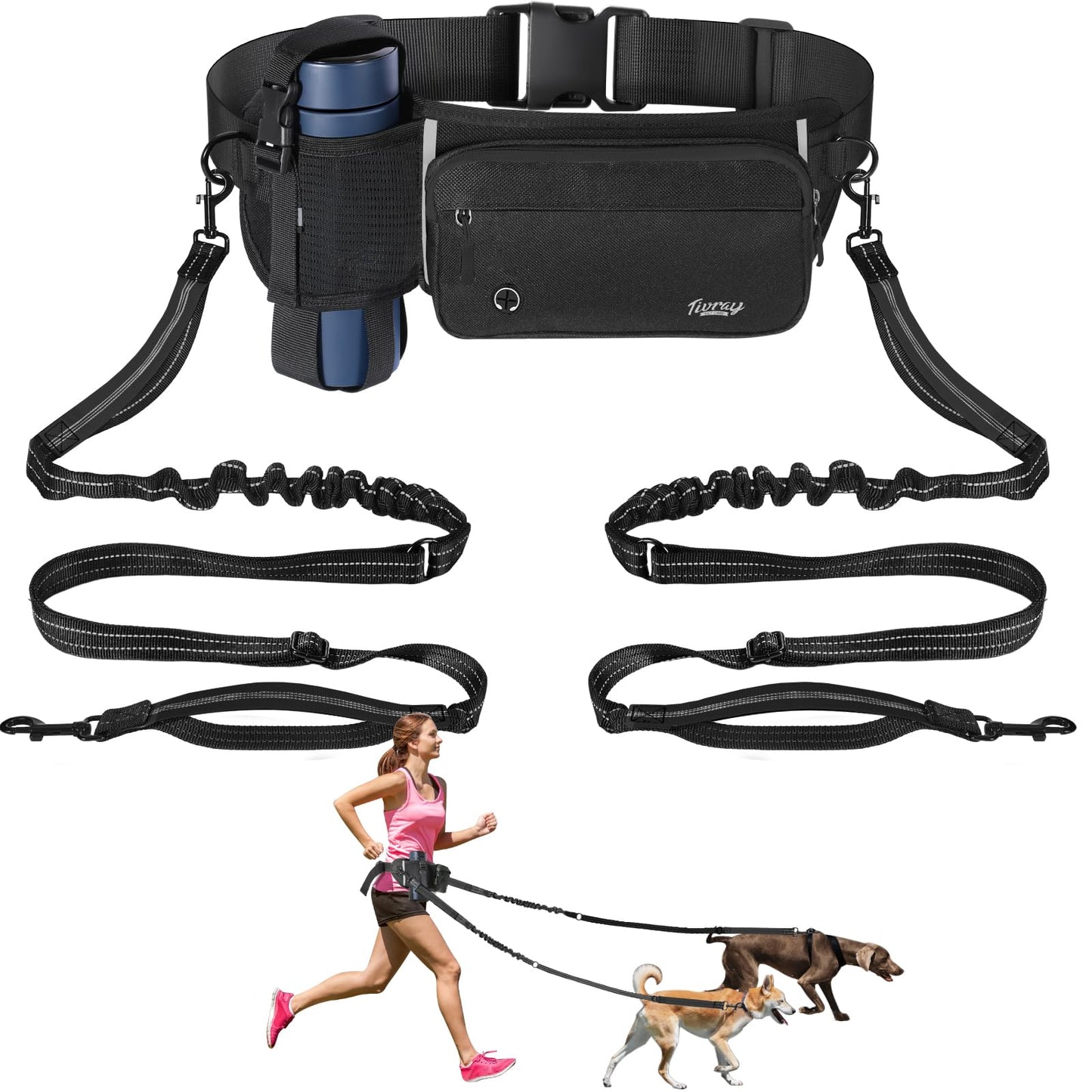Tivray Hands Free Dog Leash 2 Dogs, Adjustable Waist Leash for Dog Walking with Dual Bungees Padded Handle, Shock Absorbing Hands Free Belt for Small Medium-Sized Dogs Outdoor Activities, Black