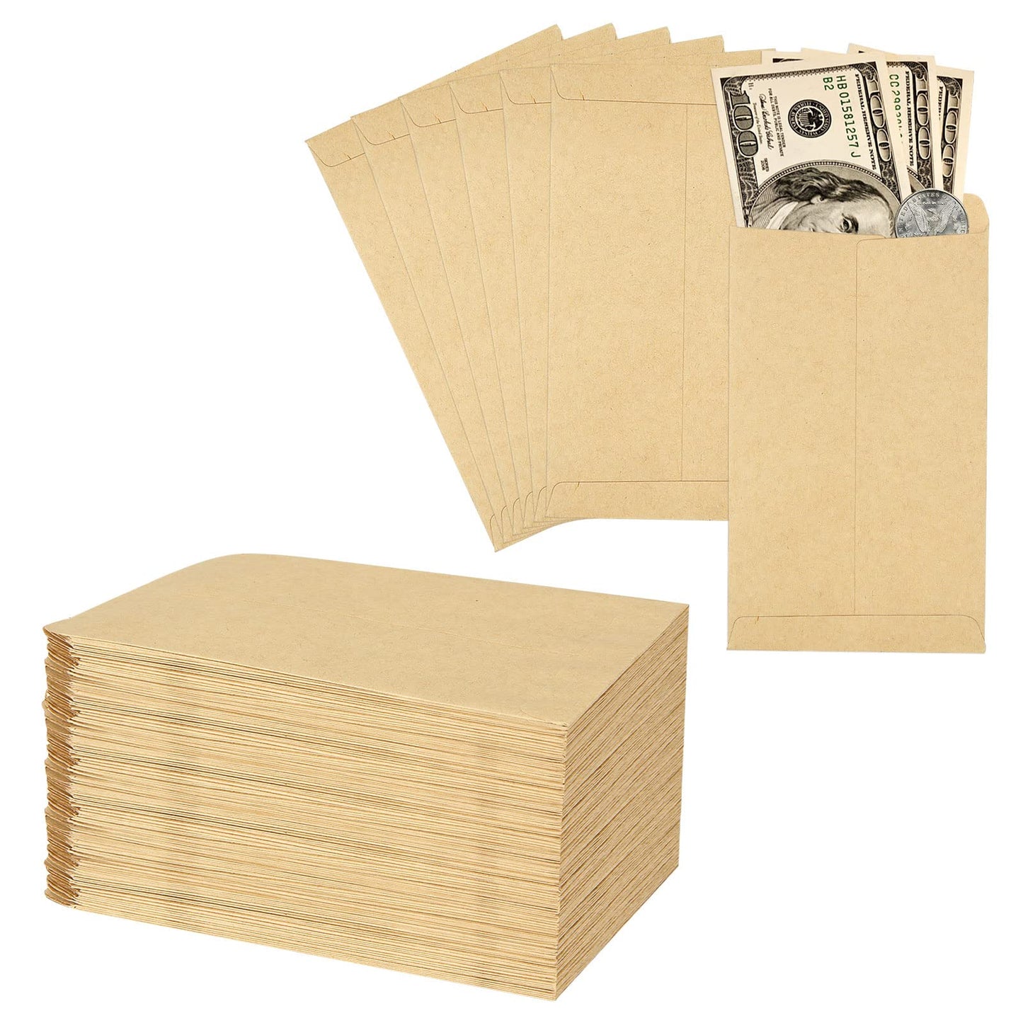 DAJAVE 500 Pack #7 Kraft Money Envelopes for Cash, 4 x 7 Inch Small Coin Envelope, Brown Paper Cash Envelope for Money, Seed Envelopes for Check, Budget, Small Item Organizer