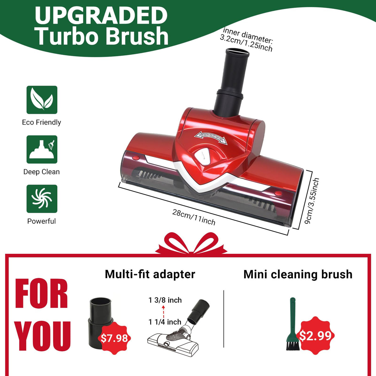 EZ SPARES 32mm or 1¼ Inch Vacuum Brush Head – Dual Purpose Floor Nozzle for Hard Floor & Carpet, Adjustable Suction, Swivel Neck, Smooth Rolling Wheels, Turbo Brush with Roller