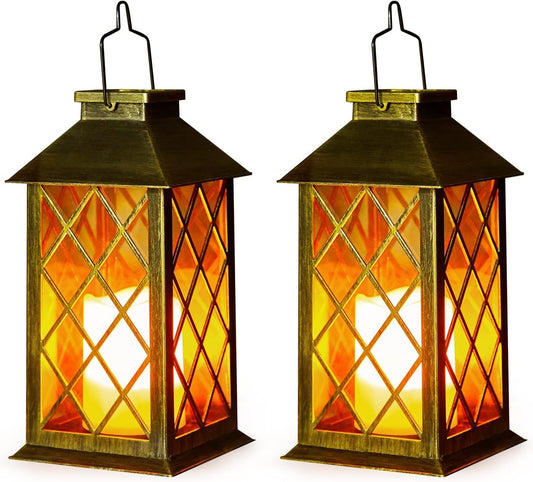 2 Pack Solar Lanterns, OxyLED LED Solar Lights Outdoor Hanging Lanterns Solar Powered with Handle, Waterproof Flickering Flameless Candle Lights for Yard Party Decoration, Garden Gifts for Mom