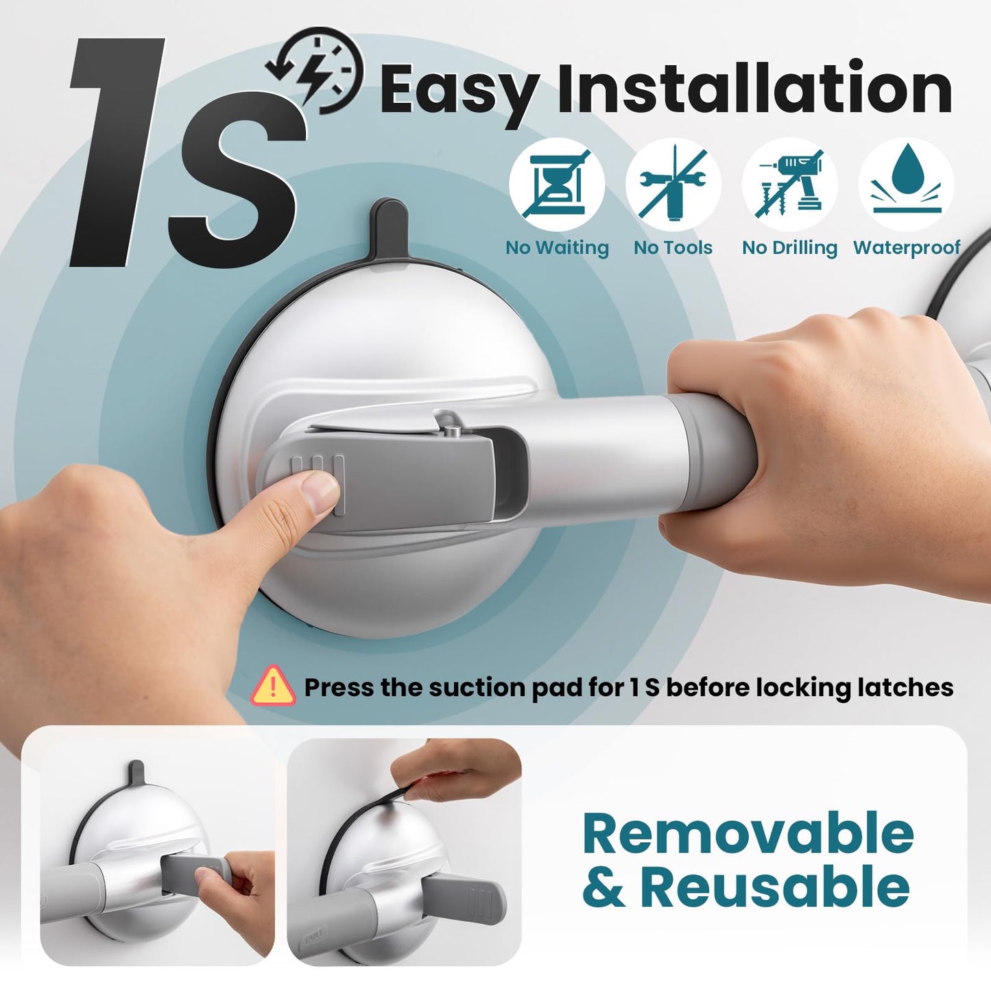 TAILI Grab Bars for Bathtubs and Showers,2 Pack Shower Handles for Elderly Suction,Shower Bar with Upgraded Rubber Suction Cups,Maximum 330lbs, Safety Grip for Senior, No Drilling Removable,Silver
