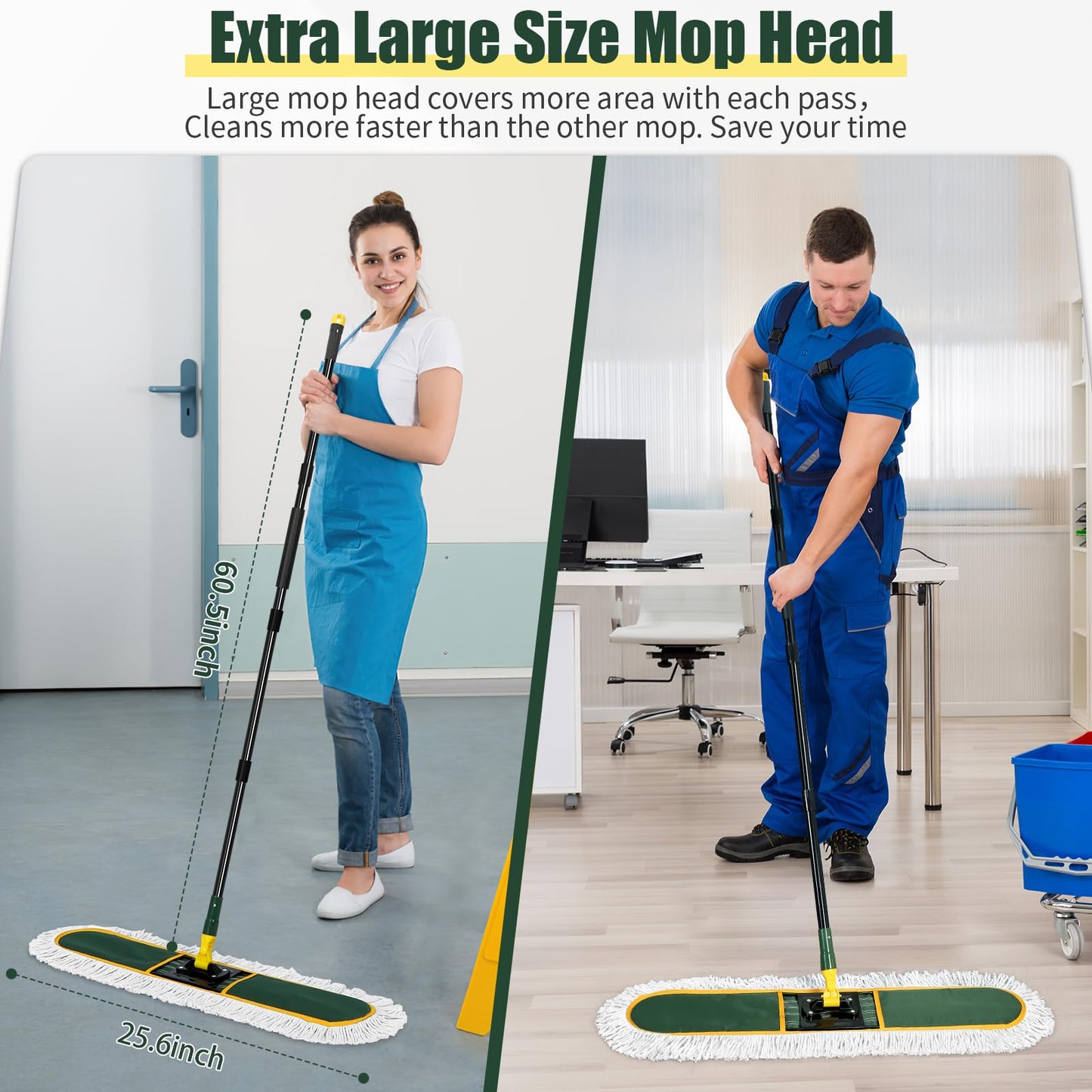 24 Inch Commercial Dust Mop,Heavy Duty Dry Wet Dust Mops Broom for Hardwood Floor, Laminate, Tile, Concrete Cleaning | 60 Extendable Handle & 2 Cotton Mop Heads | Home, Garage, Warehouse Use