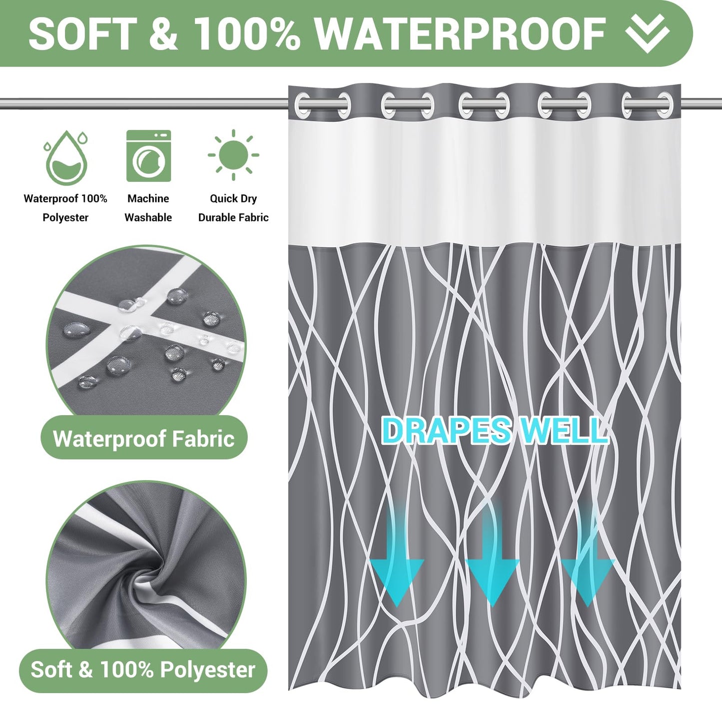 ECUCM Shower Curtain with Snap in Liner for Bathroom Bathtubs, Removable Shower Curtain Liner with 2 Magnets, Polyester Waterproof Soft Liner with See Through Mesh Top Window, (Grey, 71" W X 74" H)