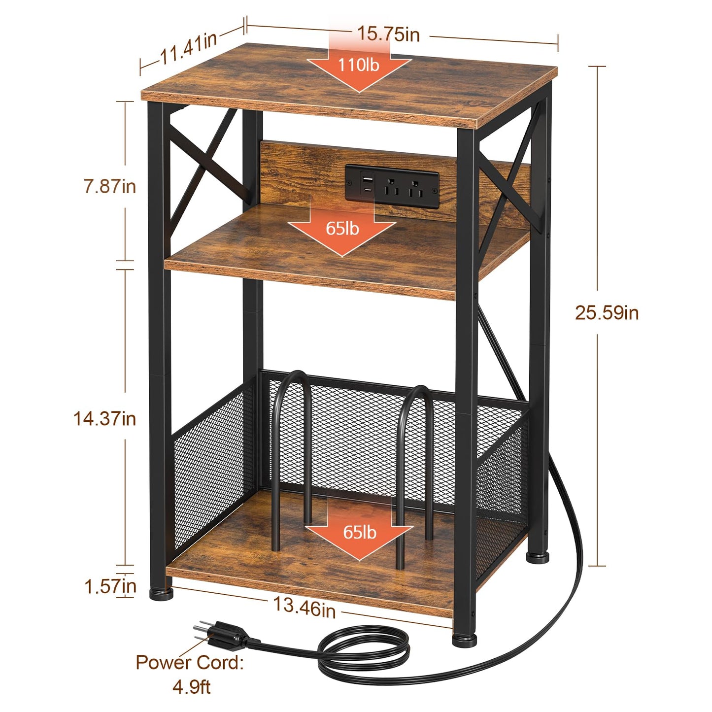 AMHANCIBLE Record Player Stand with Charging Station, Turntable Stand with Storage Cabinet, 3 Tier End Table Hold Up to 100 Albums, Record Stand for Vinyl, Living Room, Rustic Brown, HETCD01BR-1